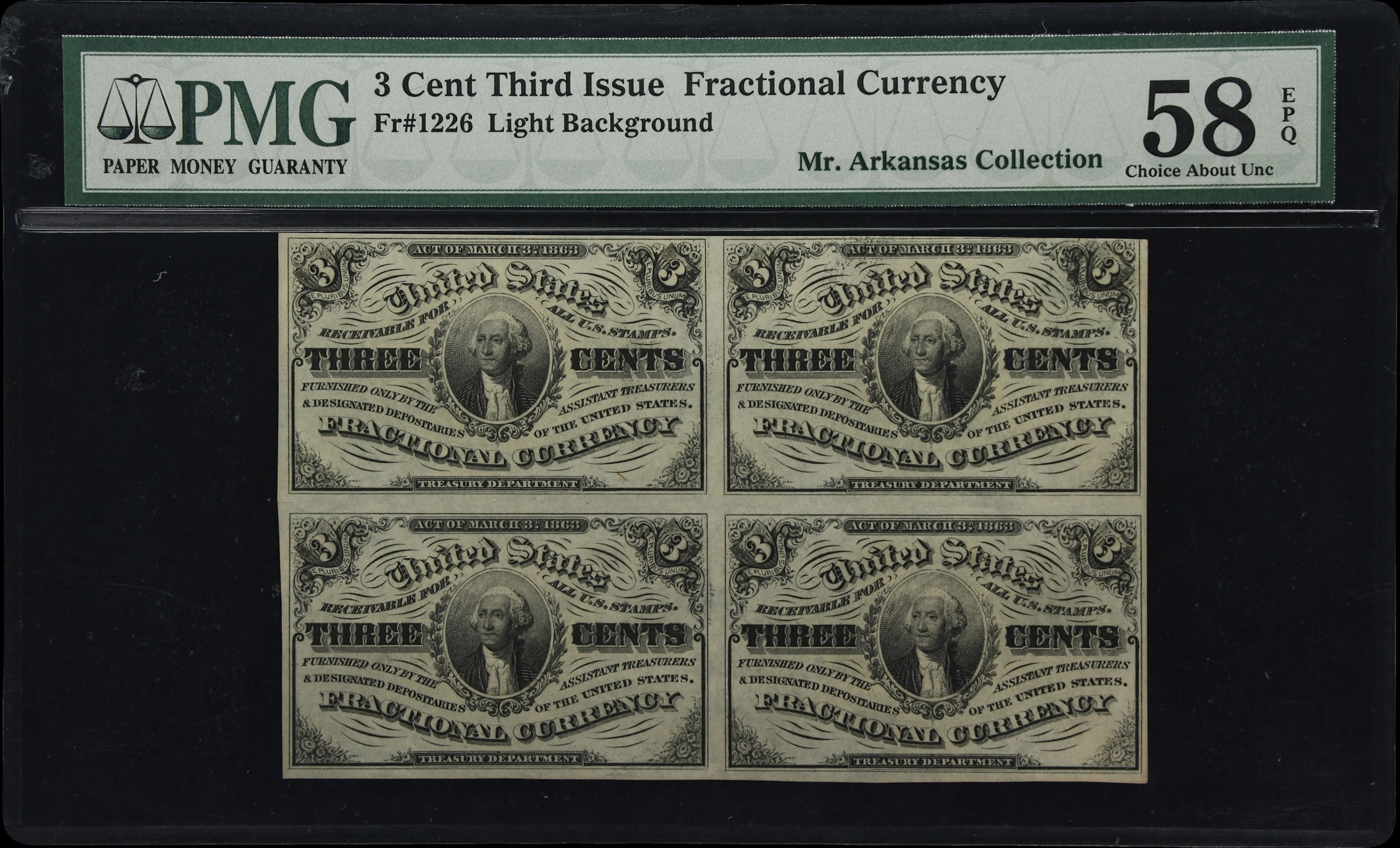 Uncut Sheet of (4) Fr. 1226. 3 Cents-3 Cents-3 Cents-3 Cents. Third