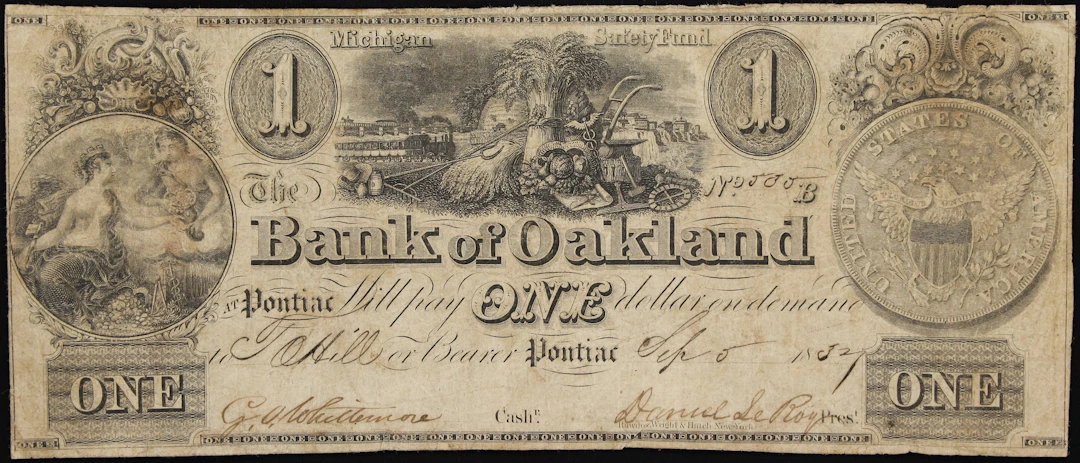 Pontiac, Michigan. Bank of Oakland. 1837 $1. Very Fine.