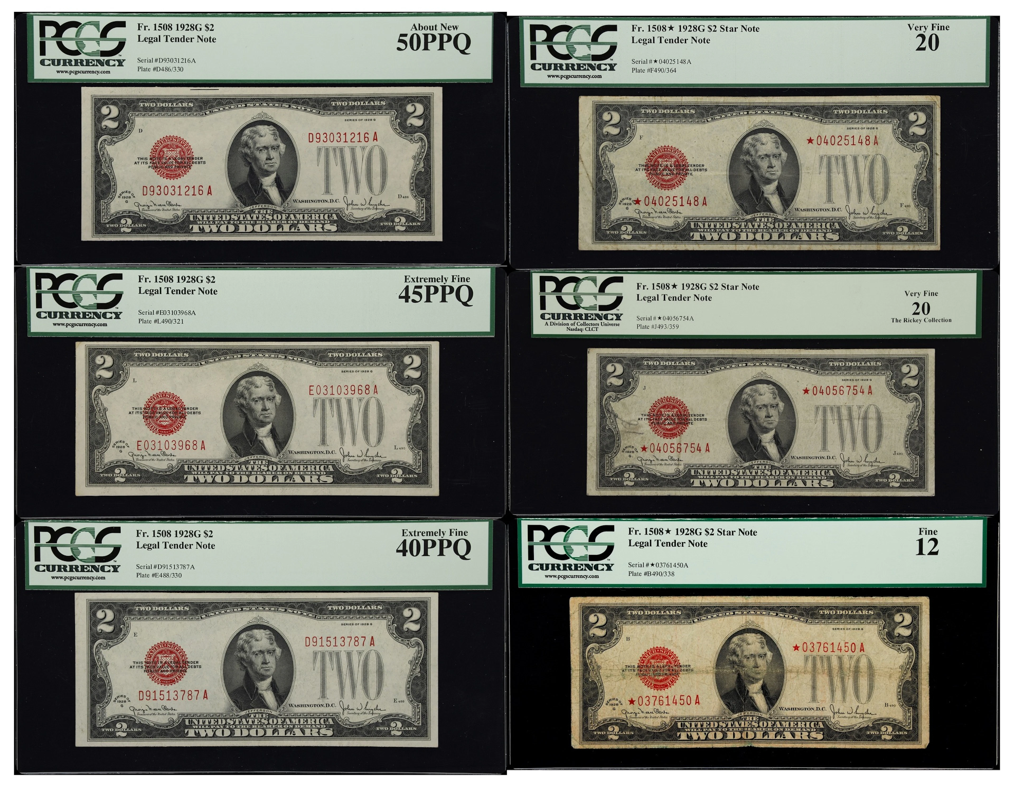 Lot of (6) Fr. 1508 & 1508*. 1928G $2 Legal Tender Notes. PCGS Currency
