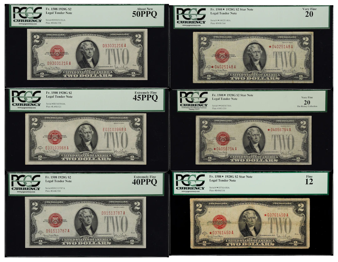 Lot of (6) Fr. 1508 & 1508*. 1928G $2 Legal Tender Notes. PCGS Currency