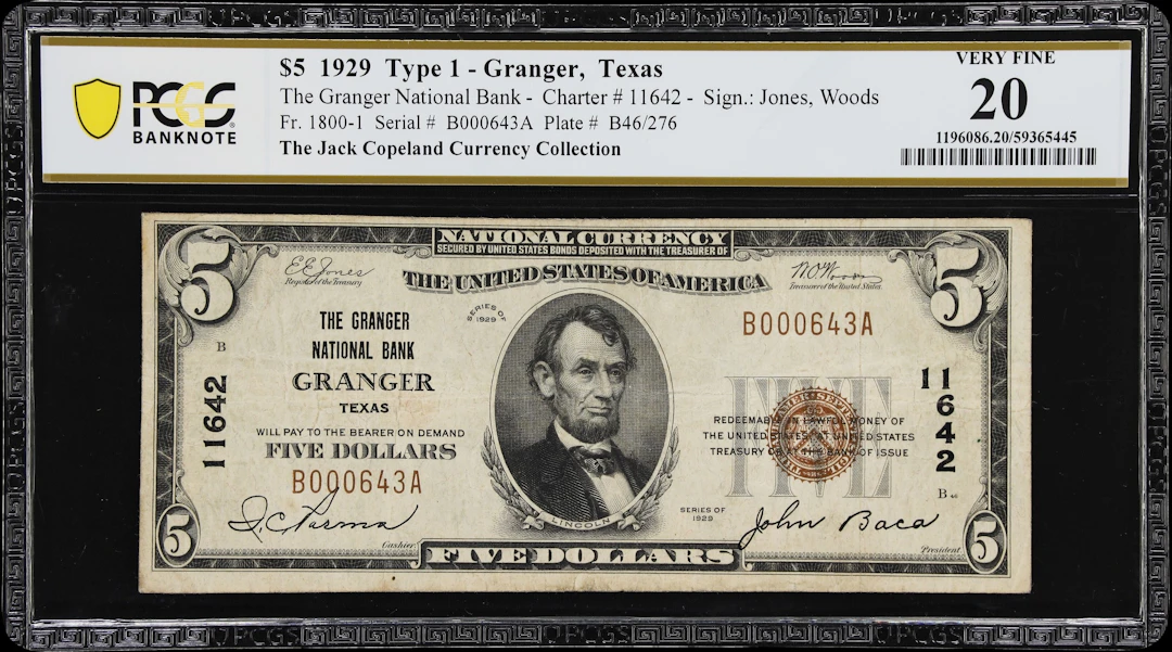 Granger, Texas. $5 1929 Ty. 1. Fr. 1800-1. Granger NB. Charter #11642.