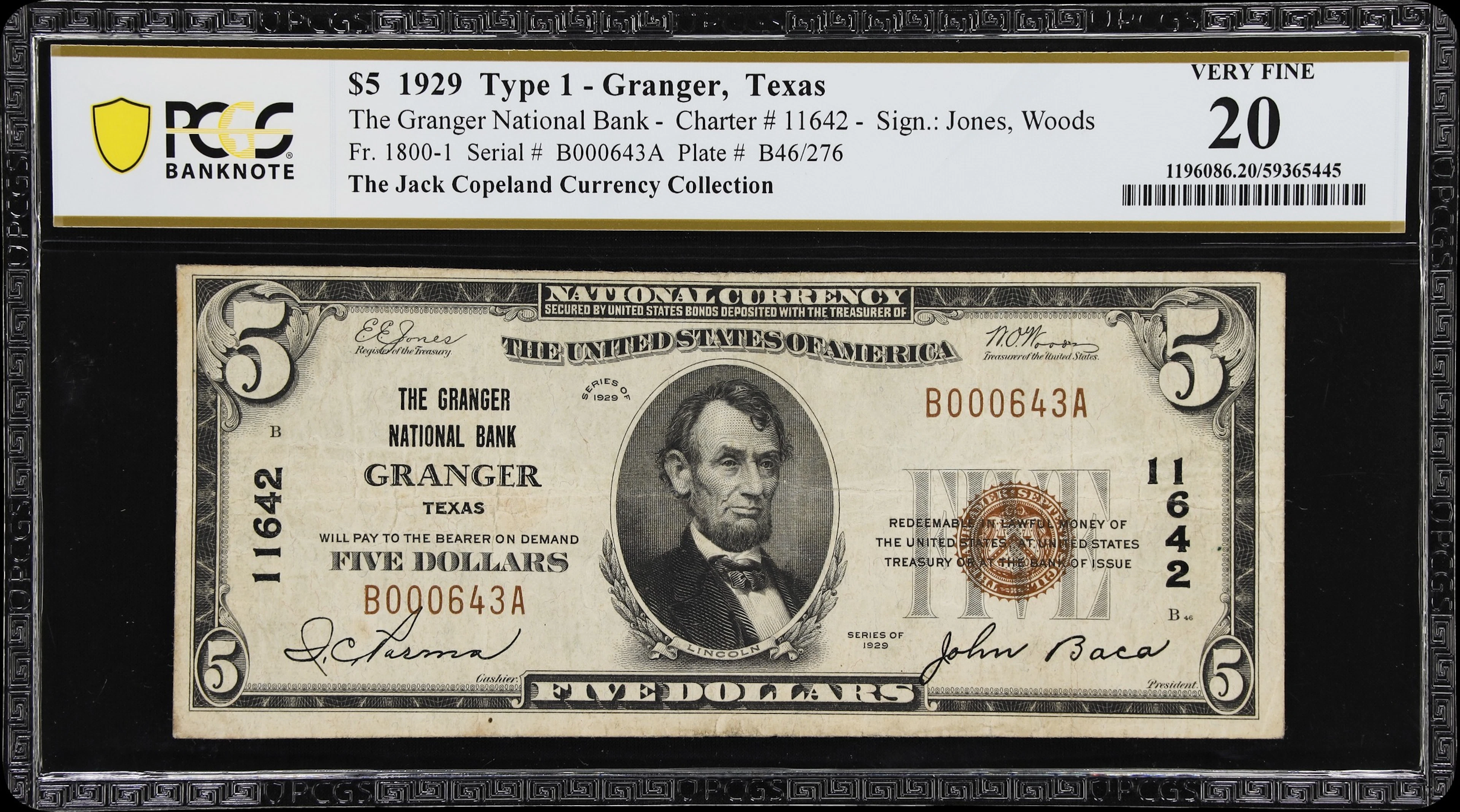 Granger, Texas. $5 1929 Ty. 1. Fr. 1800-1. Granger NB. Charter #11642.