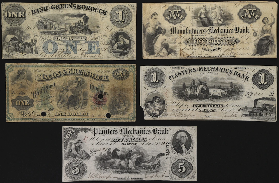 Lot of (5) Georgia Obsoletes. Mixed Issuers. 1854 - 67 $1 & $5. Good