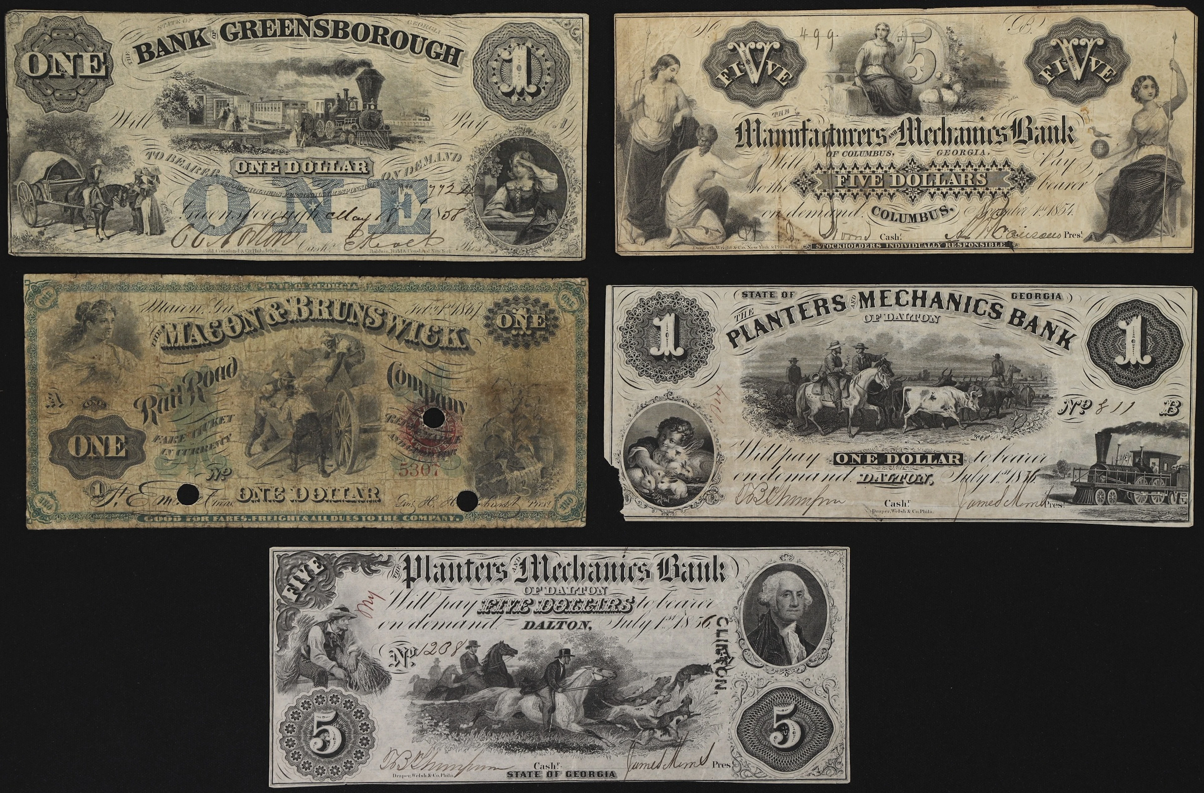 Lot of (5) Georgia Obsoletes. Mixed Issuers. 1854 - 67 $1 & $5. Good
