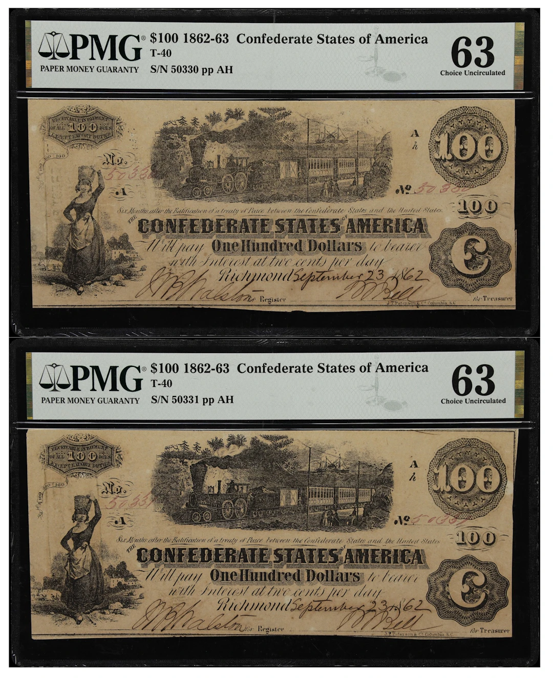 Lot of (2) T-40. Confederate Currency. 1862 $100. PMG Choice Uncirculated