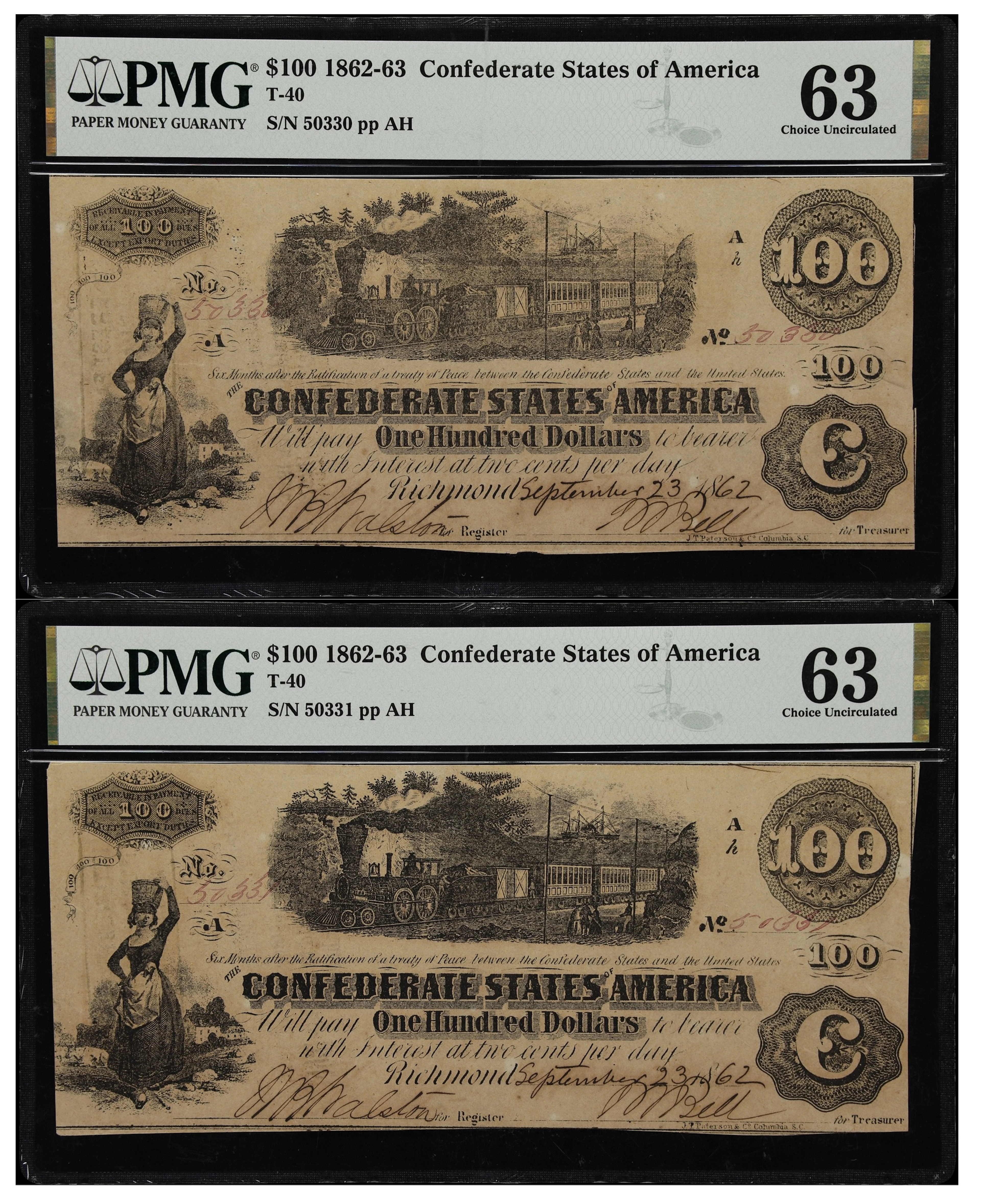 Lot of (2) T-40. Confederate Currency. 1862 $100. PMG Choice Uncirculated