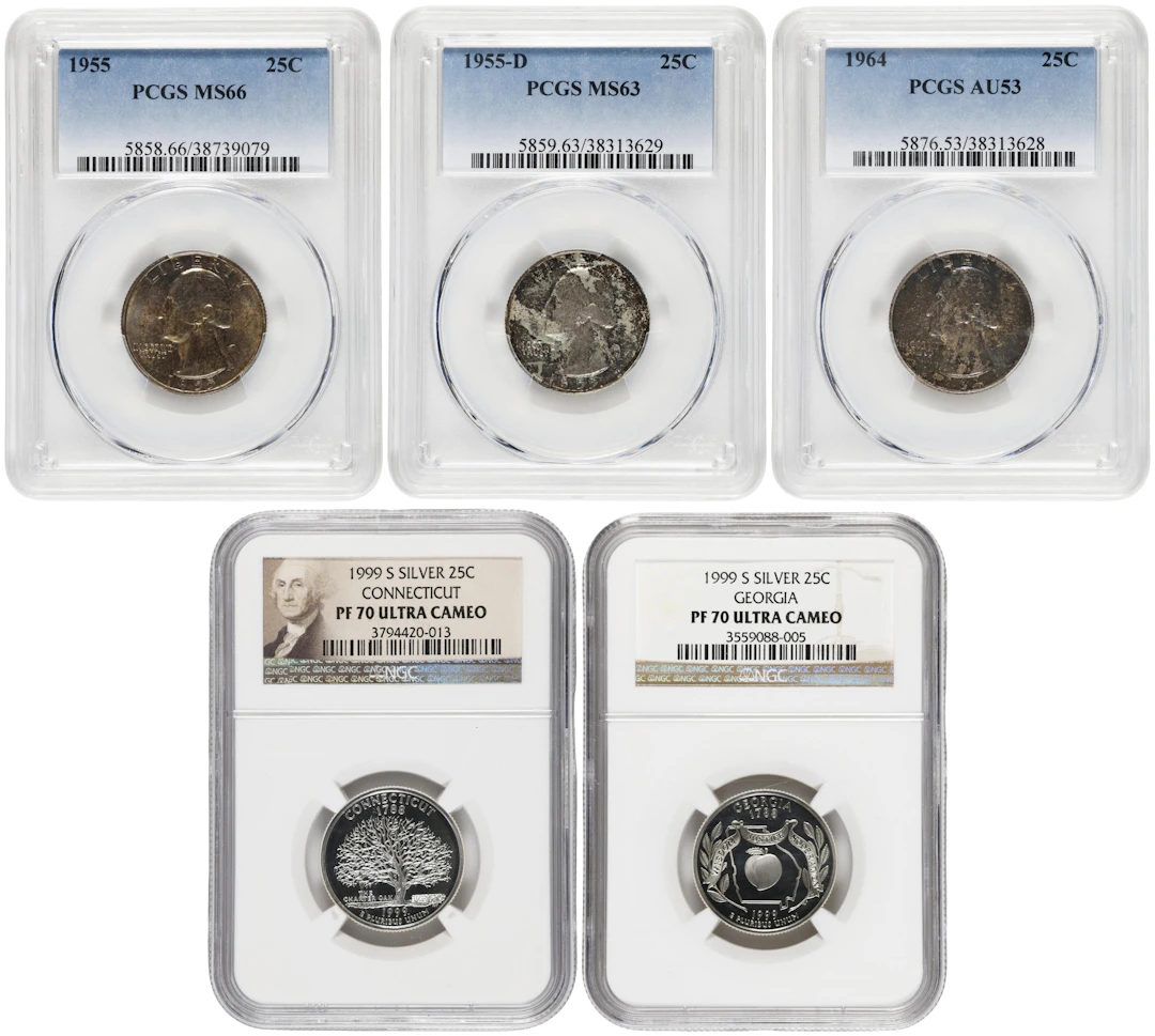 Lot of (5) Certified Mixed Type Silver Washington Quarters.