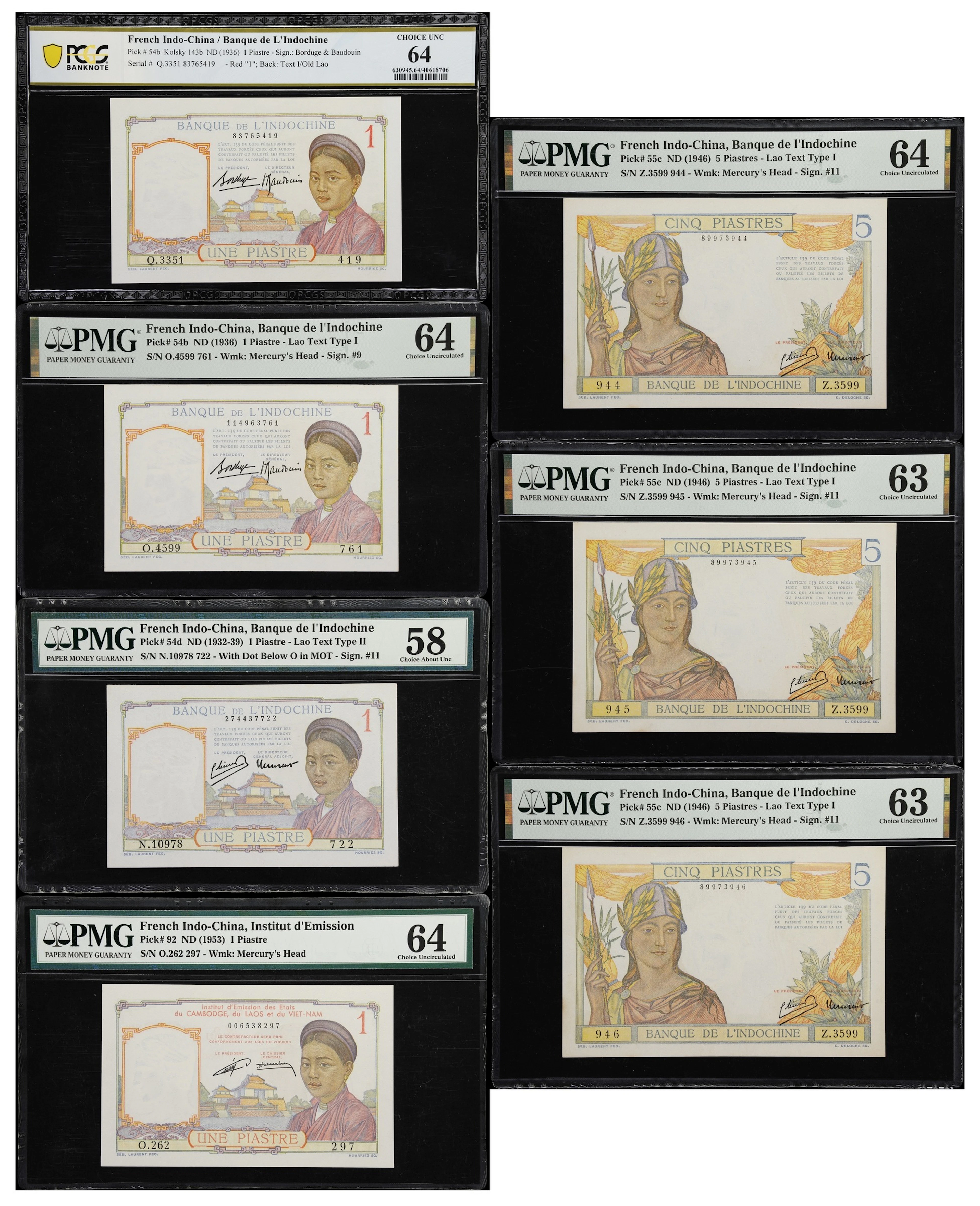 FRENCH INDO-CHINA. Lot of (7). Banque de l'Indochine. 1 & 5 Piastres
