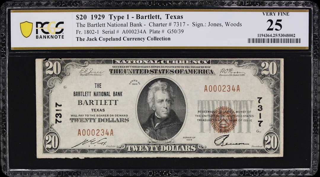 Bartlett, Texas. $20 1929 Ty. 1. Fr. 1802-1. Bartlett NB. Charter