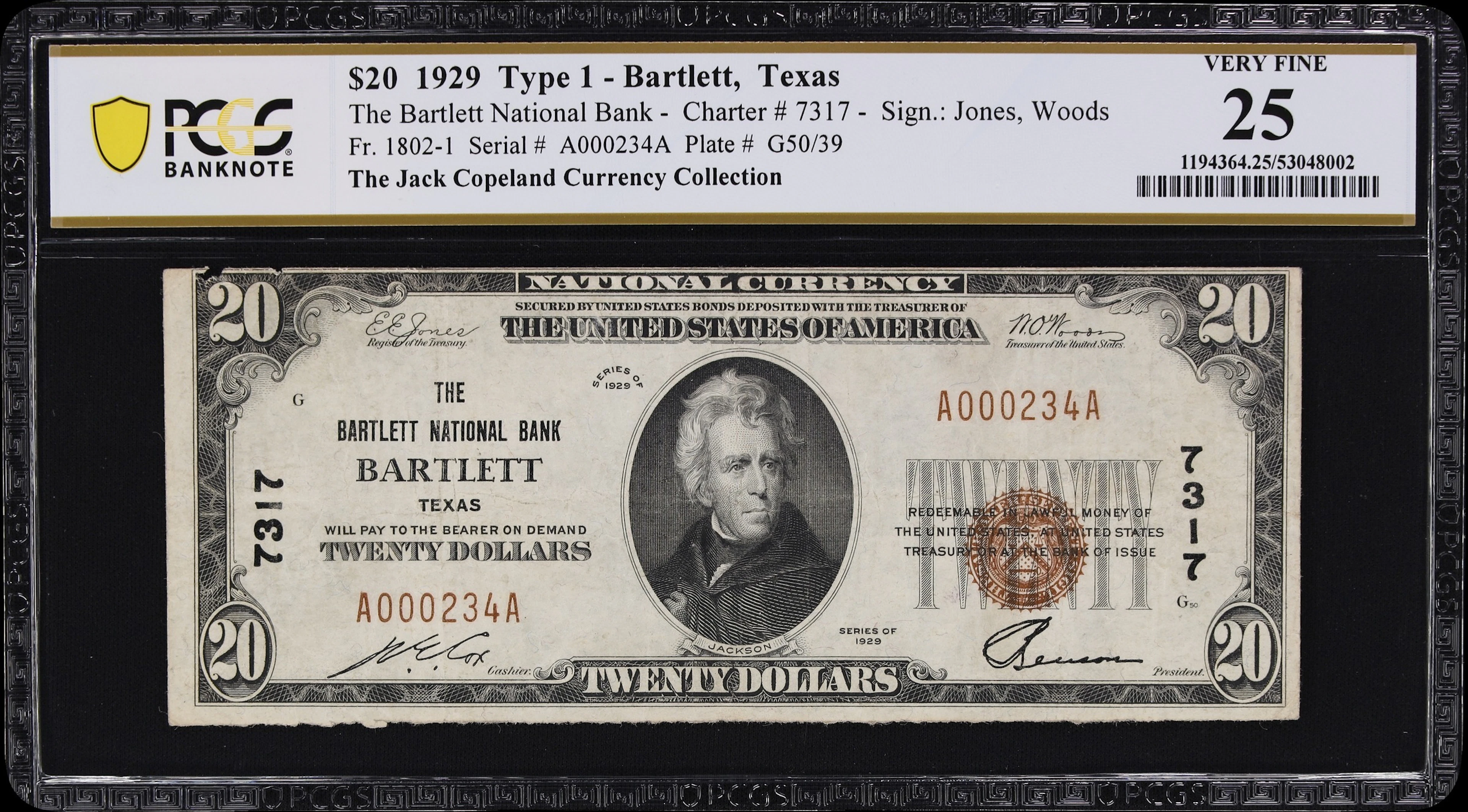 Bartlett, Texas. $20 1929 Ty. 1. Fr. 1802-1. Bartlett NB. Charter