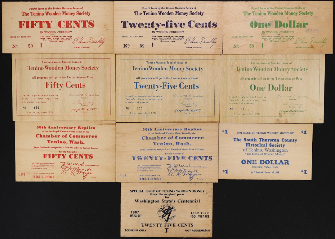 Lot of (10) Tenino, Washington. Tenino Wooden Money Society. "1931"