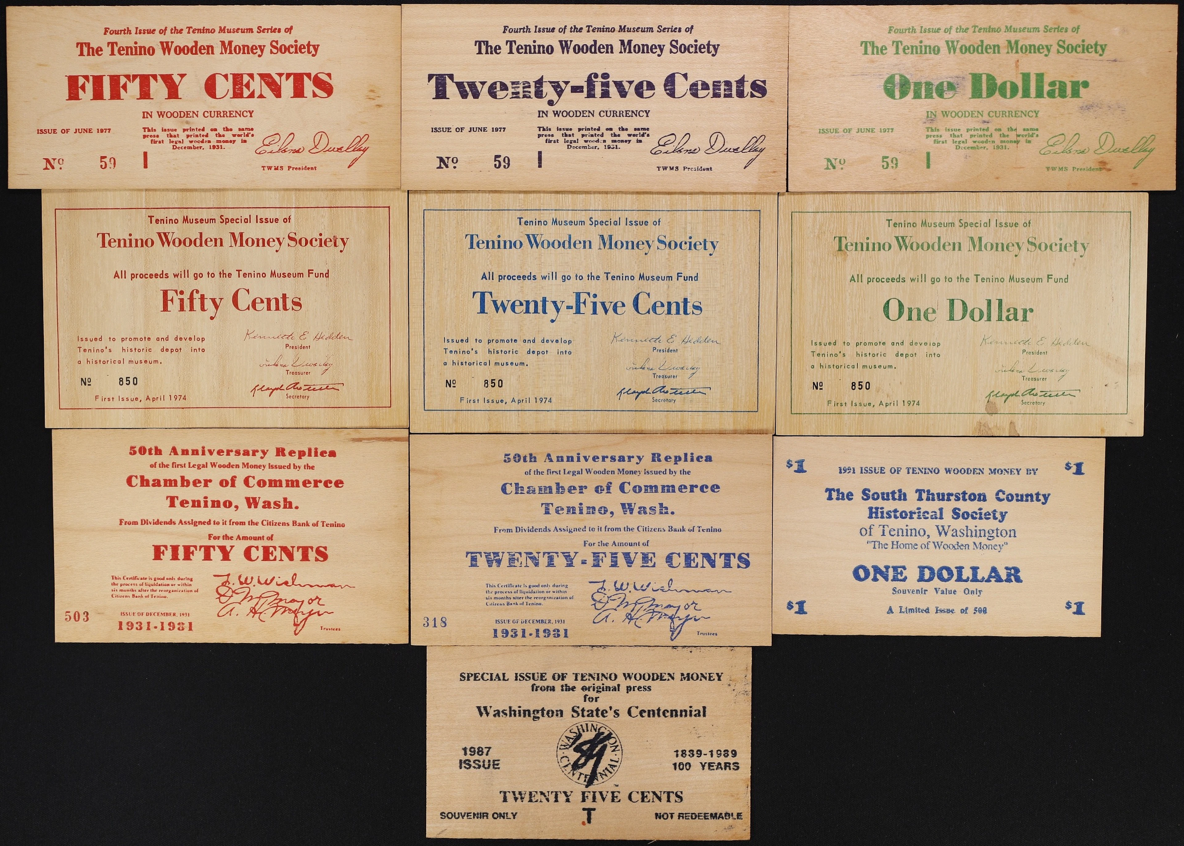Lot of (10) Tenino, Washington. Tenino Wooden Money Society. "1931"