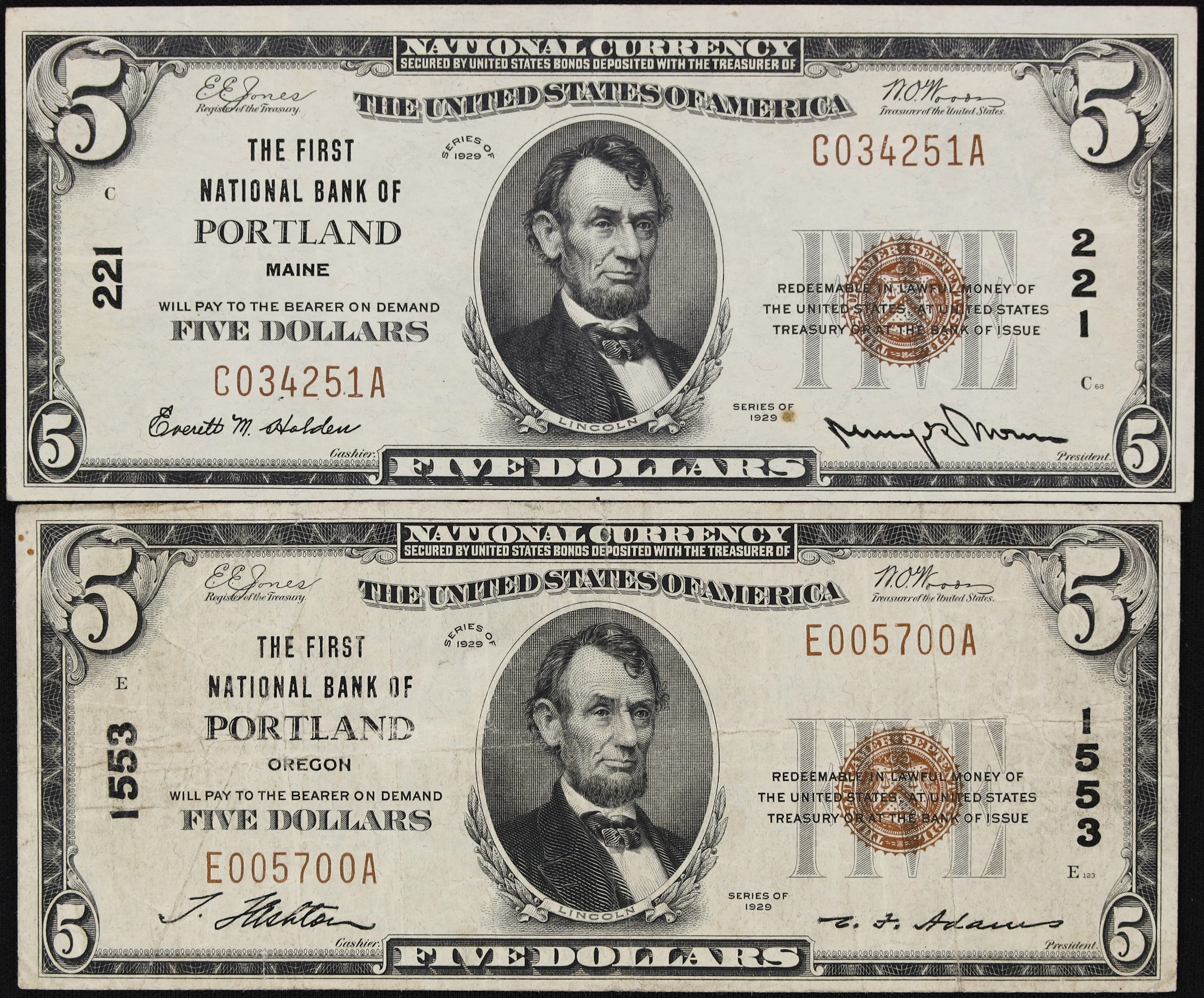Lot of (2) Portland & Portland, Maine & Oregon. $5 1929 Ty. 1. Fr.