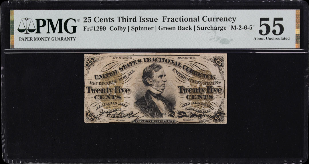 Fr. 1299. 25 Cents. Third Issue. PMG About Uncirculated 55.