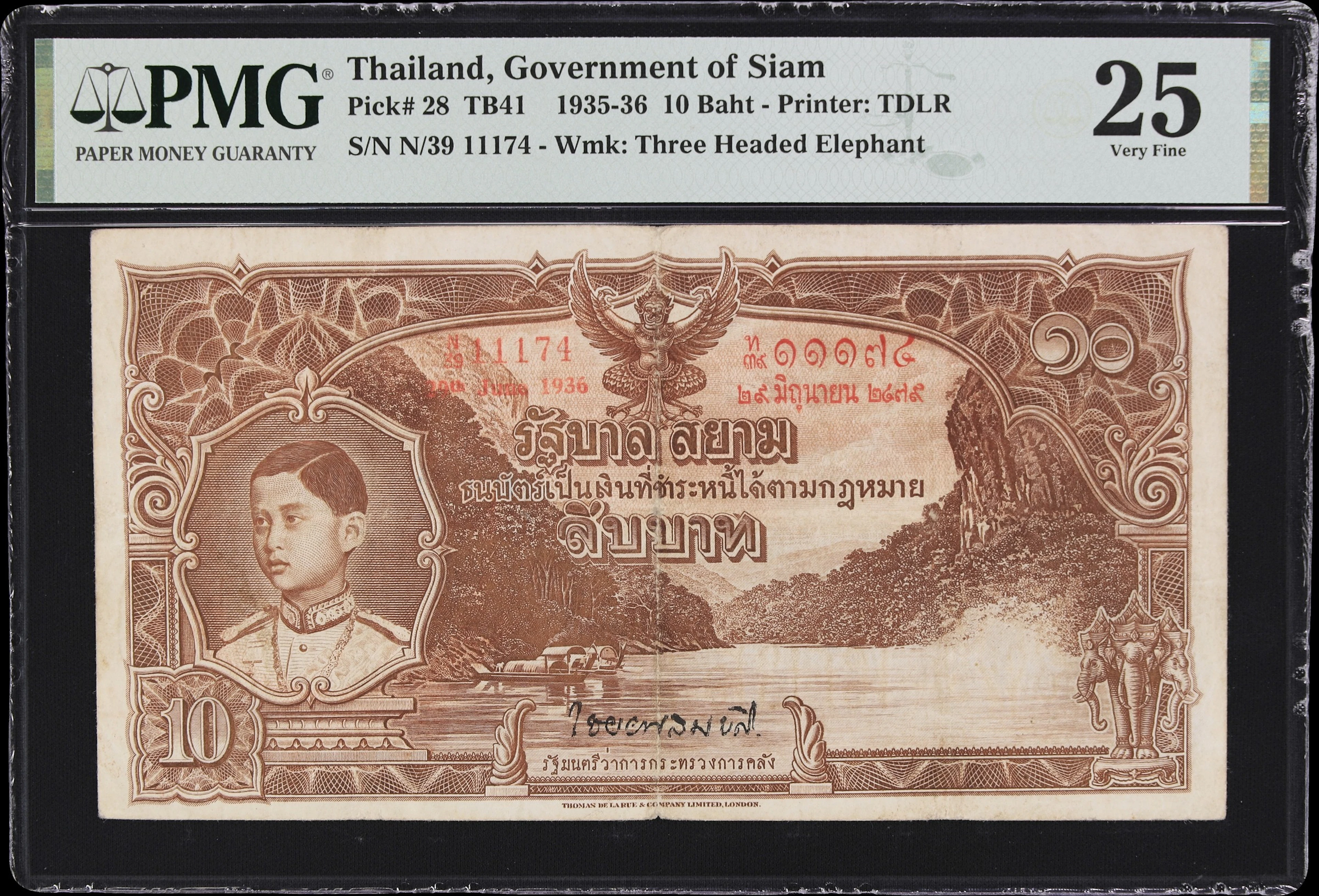 THAILAND. Government of Siam. 10 Baht, 29.6.1936. P-28. TB41. PMG Very Fine 25.