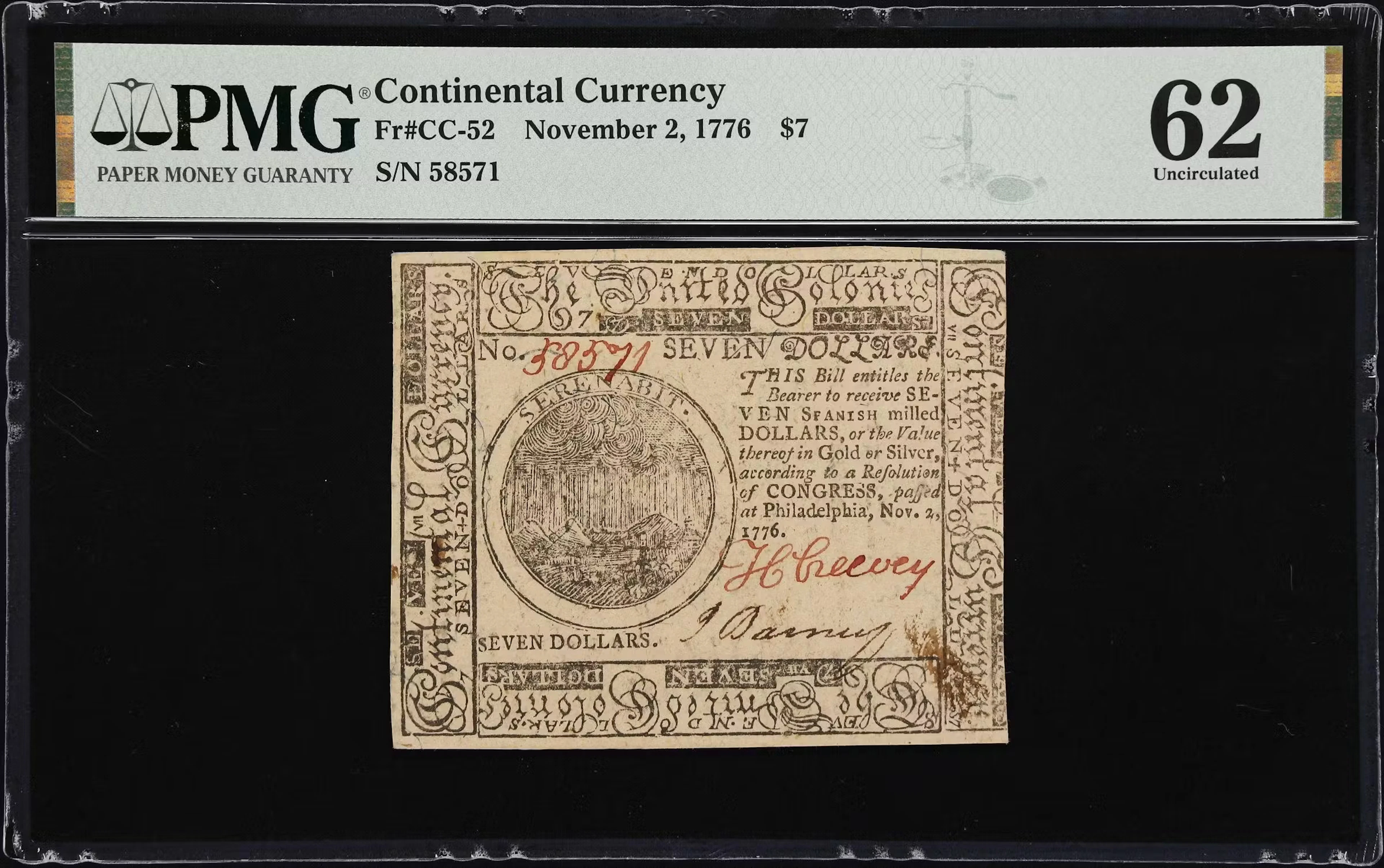 CC-52. Continental Currency. November 2, 1776. $7. PMG Uncirculated 62.