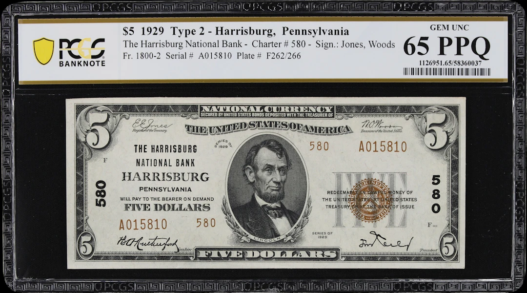Harrisburg, Pennsylvania. $5 1929 Ty. 2. Fr. 1800-2. Harrisburg NB.