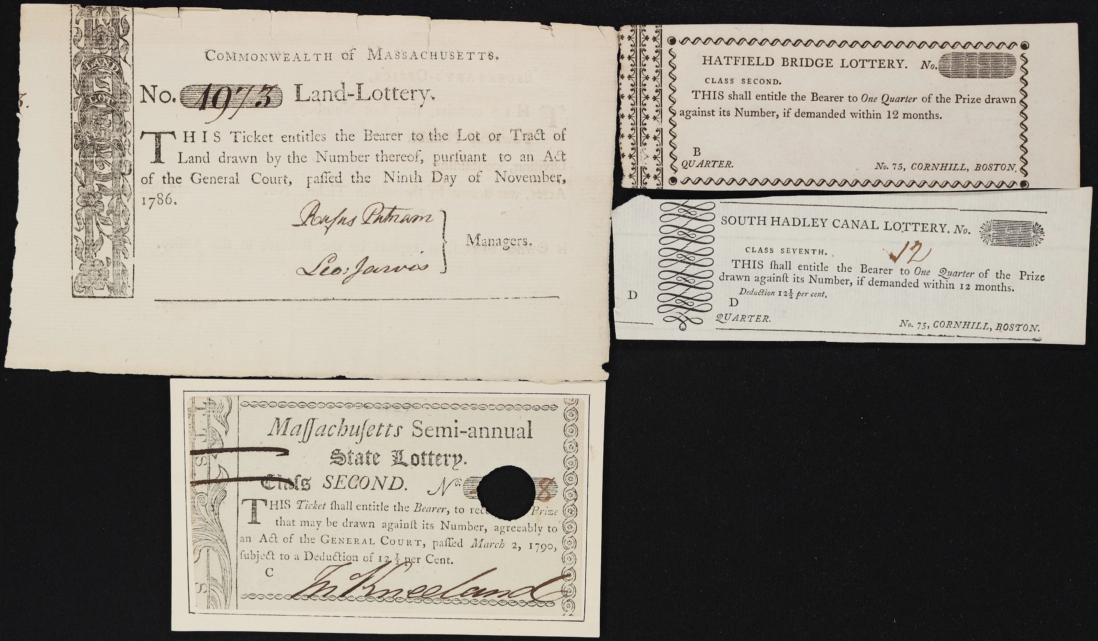 Lot of (4) Massachusetts. Mixed Lotteries. 1786-90 One Ticket. Very