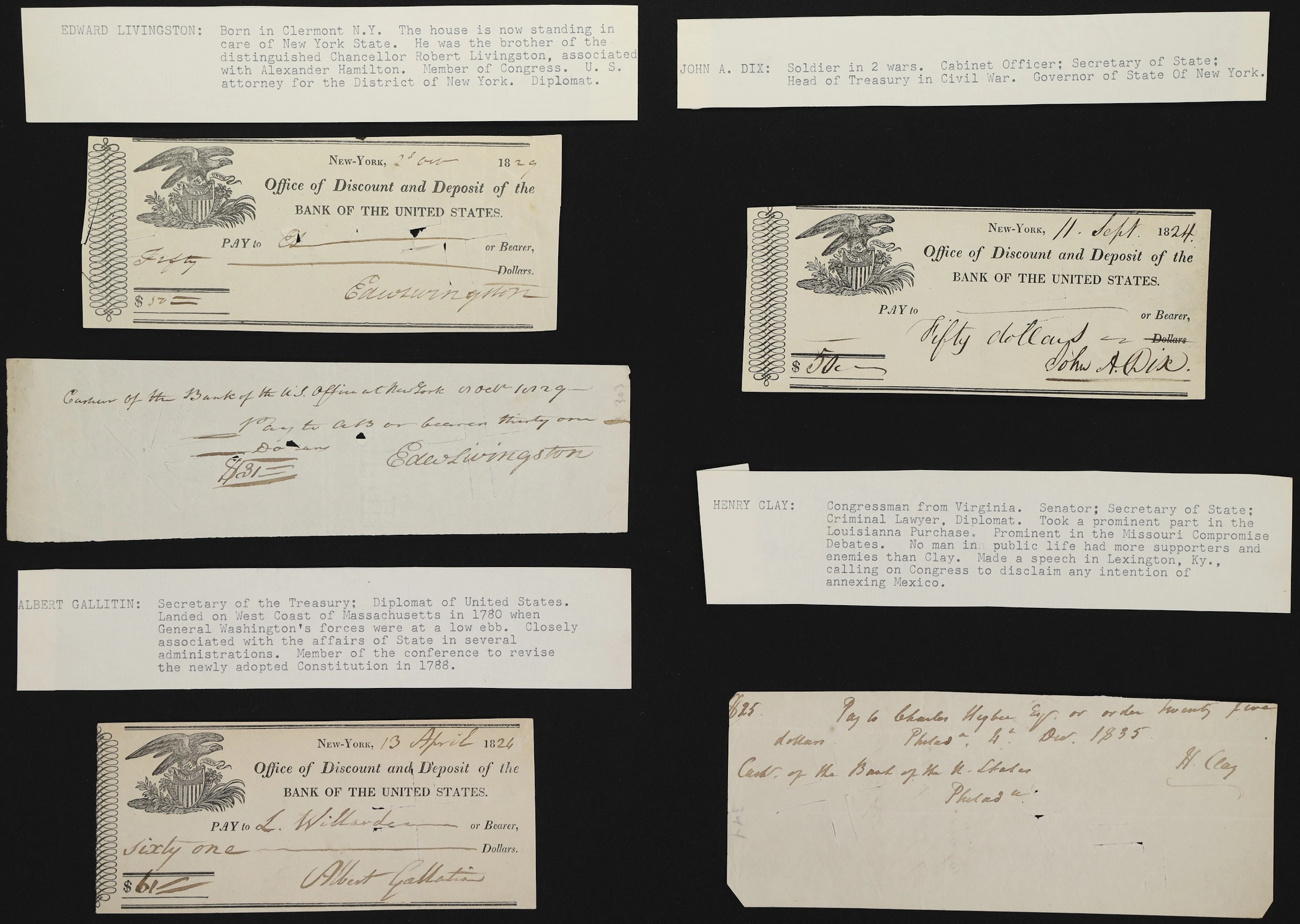 Lot of (5) Mixed Autographs. Albert Gallatin, Edward Livingston, Henry