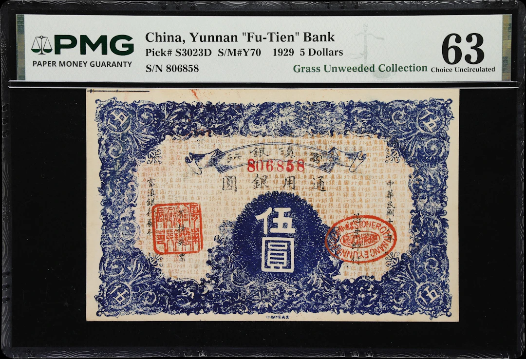 (t) CHINA--PROVINCIAL BANKS. Yunnan Fu-Tien Bank. 5 Dollars, 1929.