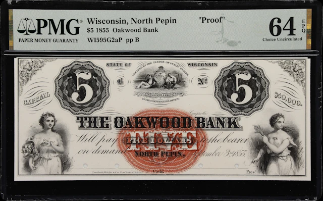 North Pepin, Wisconsin. Oakwood Bank. 1855 $5. PMG Choice Uncirculated 64 EPQ.