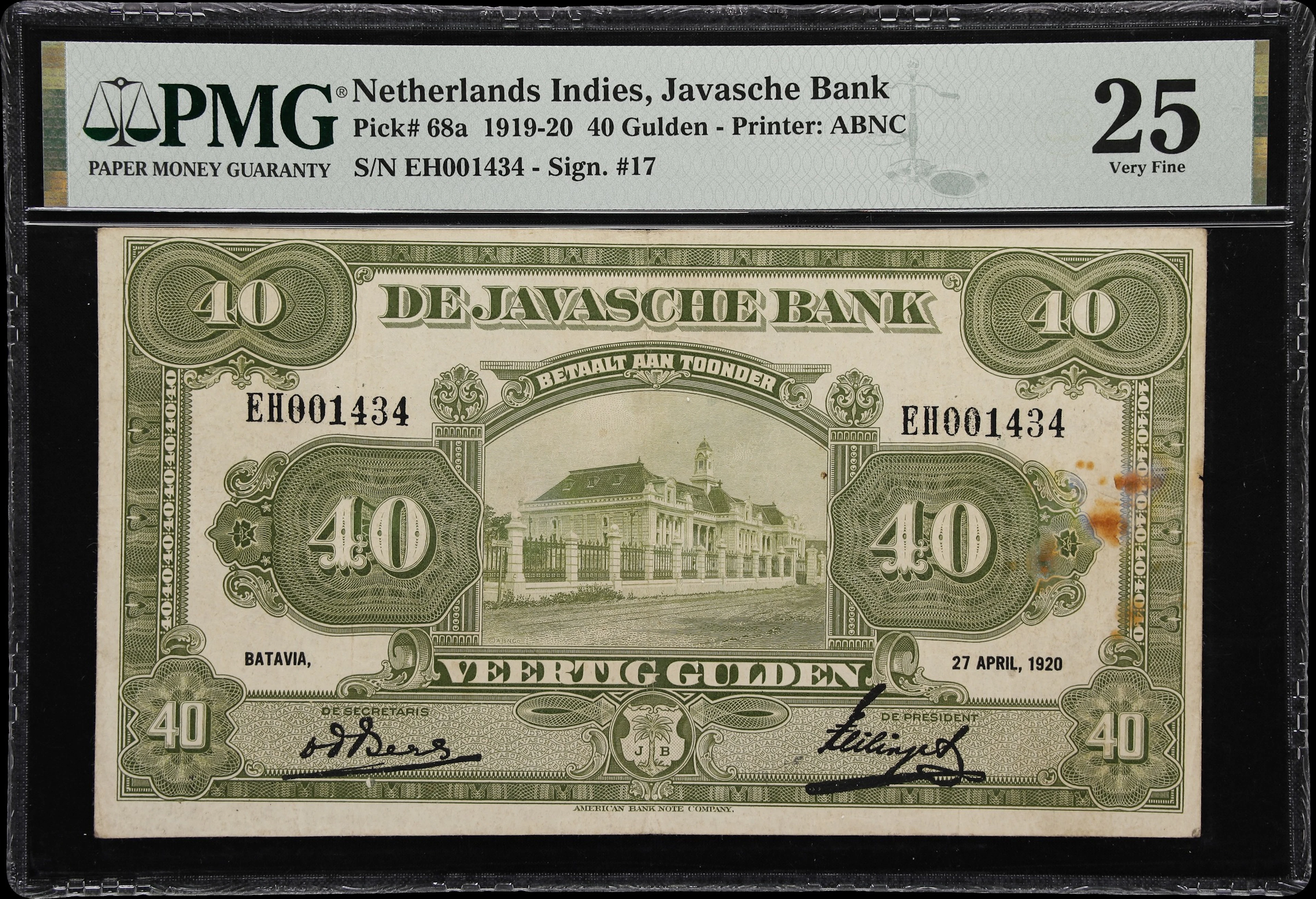NETHERLANDS INDIES. Javasche Bank. 40 Gulden, 27.4.1920. P-68a. PMG