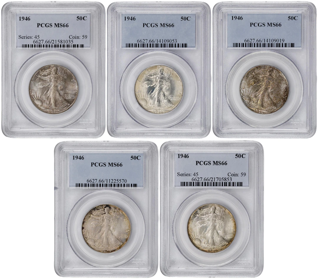 Lot of (5) 1946 Walking Liberty Half Dollars. MS-66 (PCGS).
