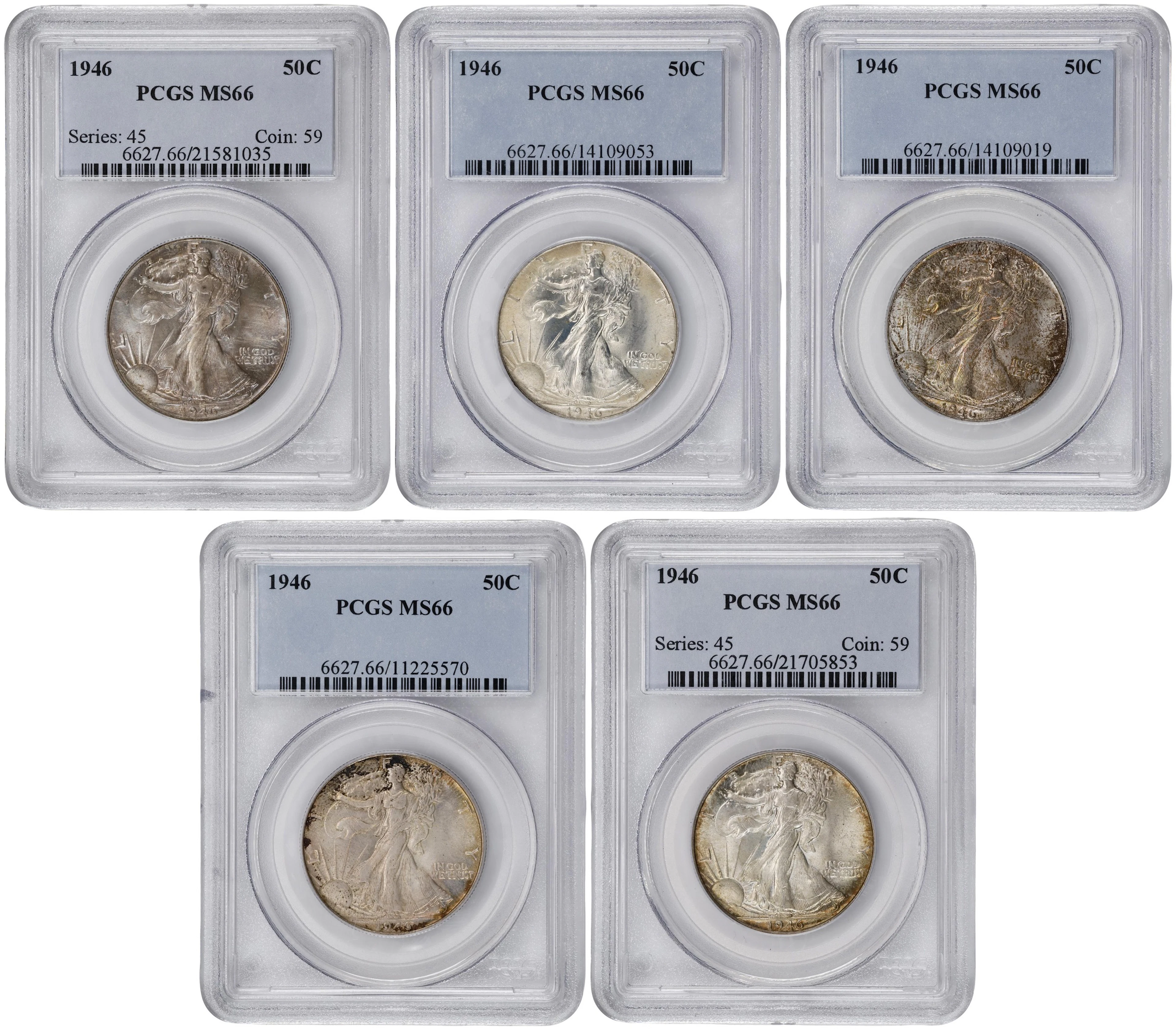 Lot of (5) 1946 Walking Liberty Half Dollars. MS-66 (PCGS).