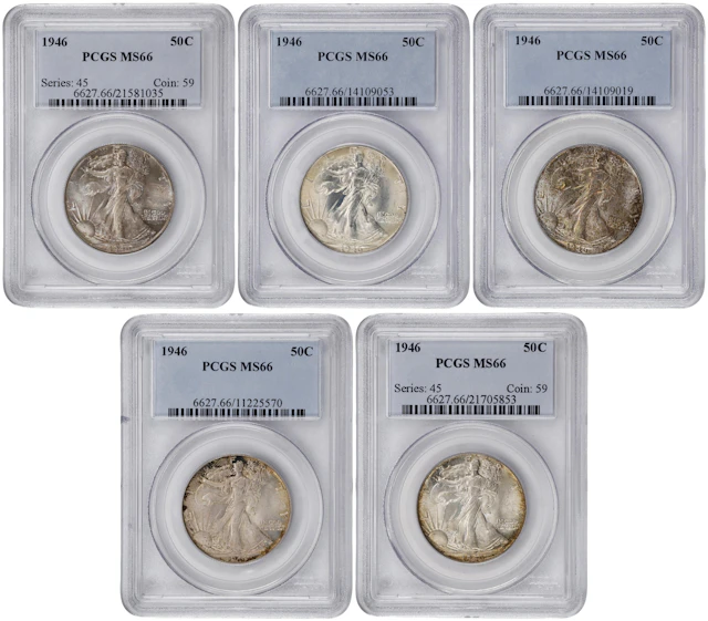 Lot of (5) 1946 Walking Liberty Half Dollars. MS-66 (PCGS).