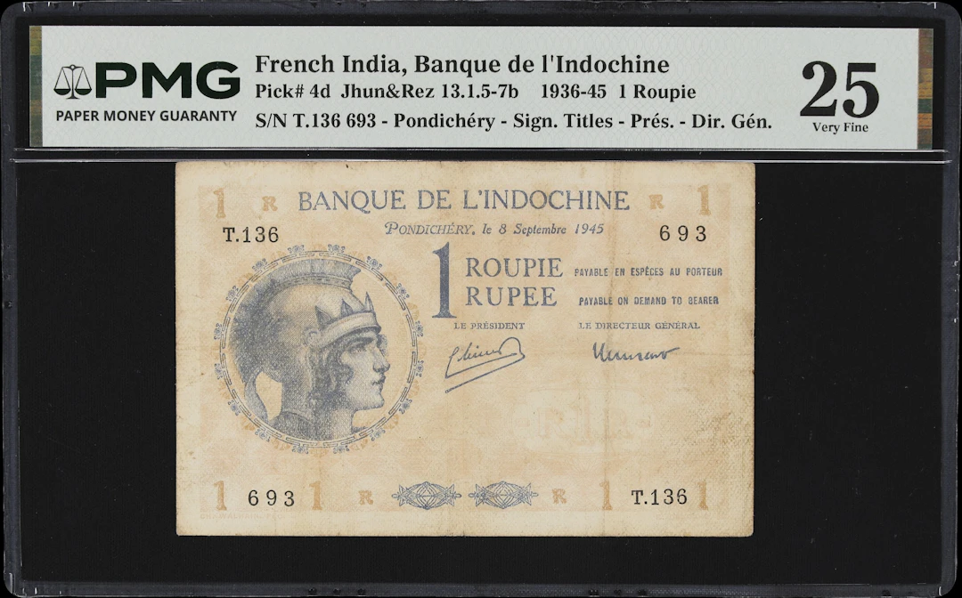 FRENCH INDIA. Banque de l'Indochine. 1 Roupie, 8.9.1945. P-4d. Jhun&Rez