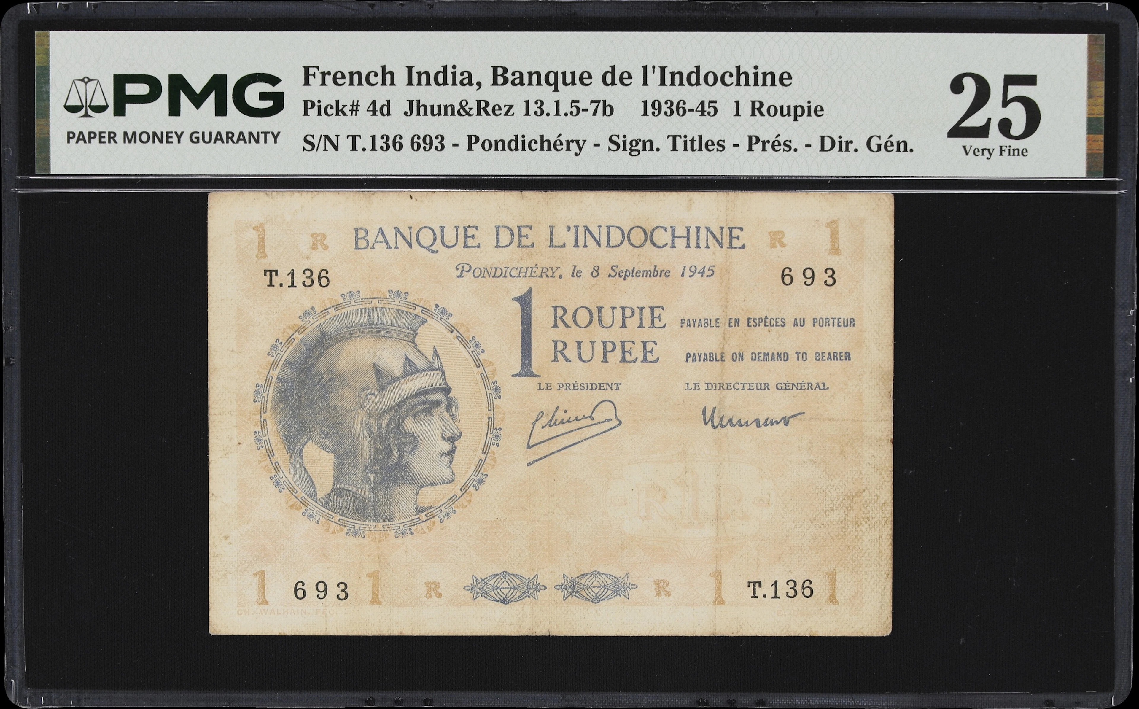 FRENCH INDIA. Banque de l'Indochine. 1 Roupie, 8.9.1945. P-4d. Jhun&Rez