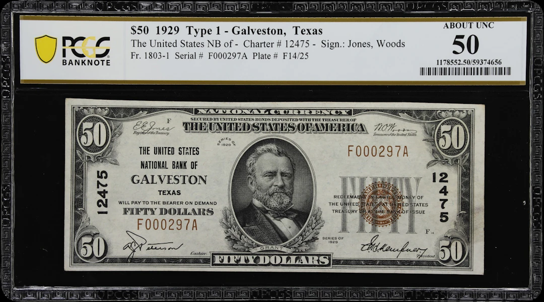 Galveston, Texas. $50 1929 Ty. 1. Fr. 1803-1. United States NB. Charter