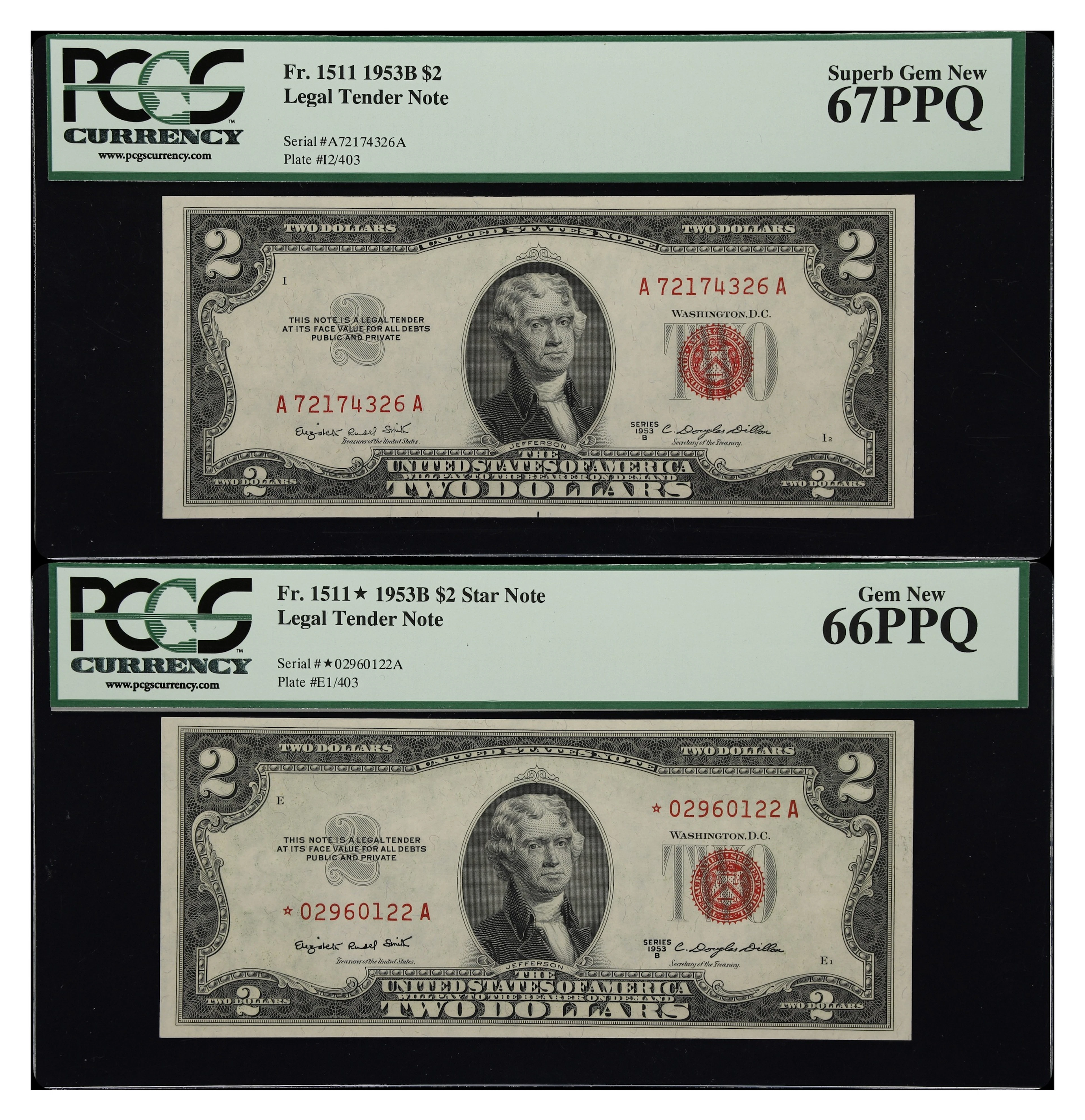 Lot of (2) Fr. 1511 & 1511*. 1953B $2 Legal Tender Notes. PCGS Currency