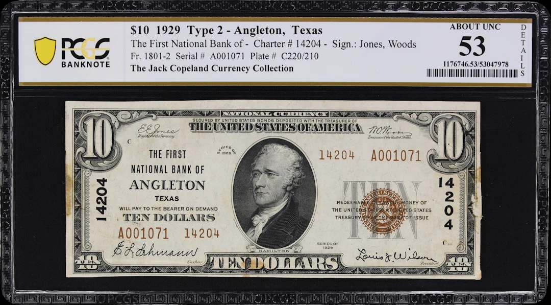 Angleton, Texas. $10 1929 Ty. 2. Fr. 1801-2. First NB. Charter #14204.