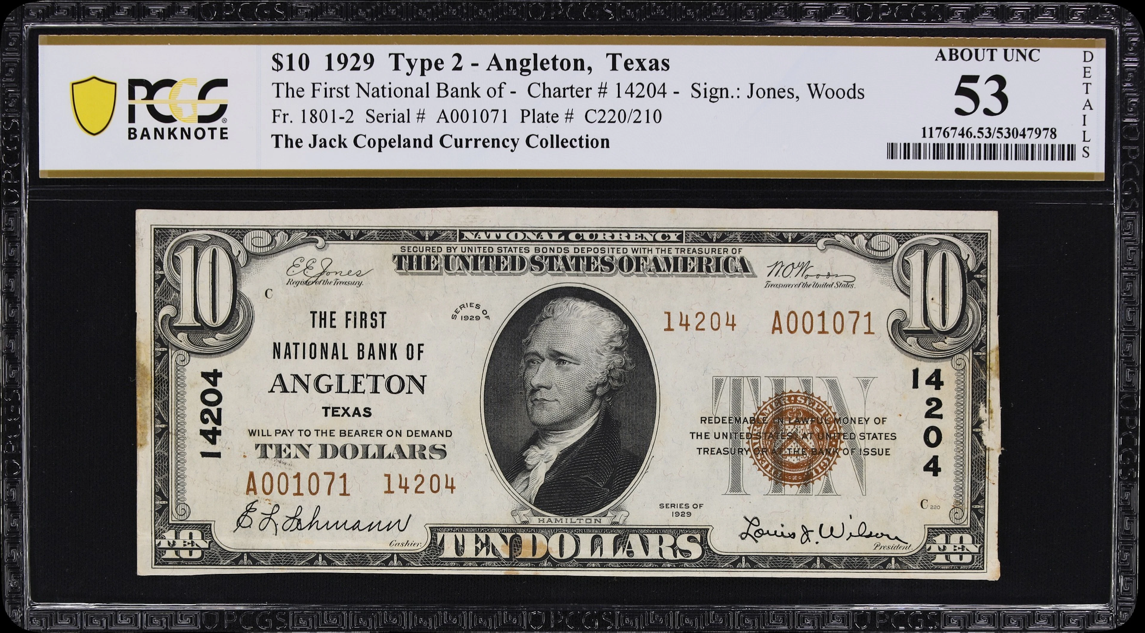 Angleton, Texas. $10 1929 Ty. 2. Fr. 1801-2. First NB. Charter #14204.
