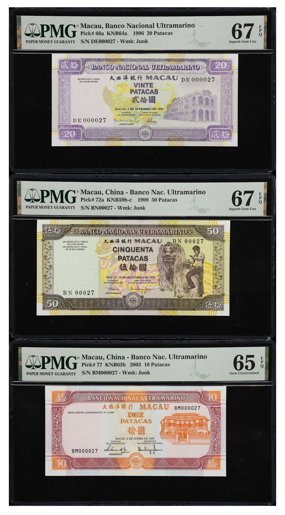 MACAU (SAR). Lot of (3). Banco Nacional Ultramarino. 10, 20 & 50 Patacas