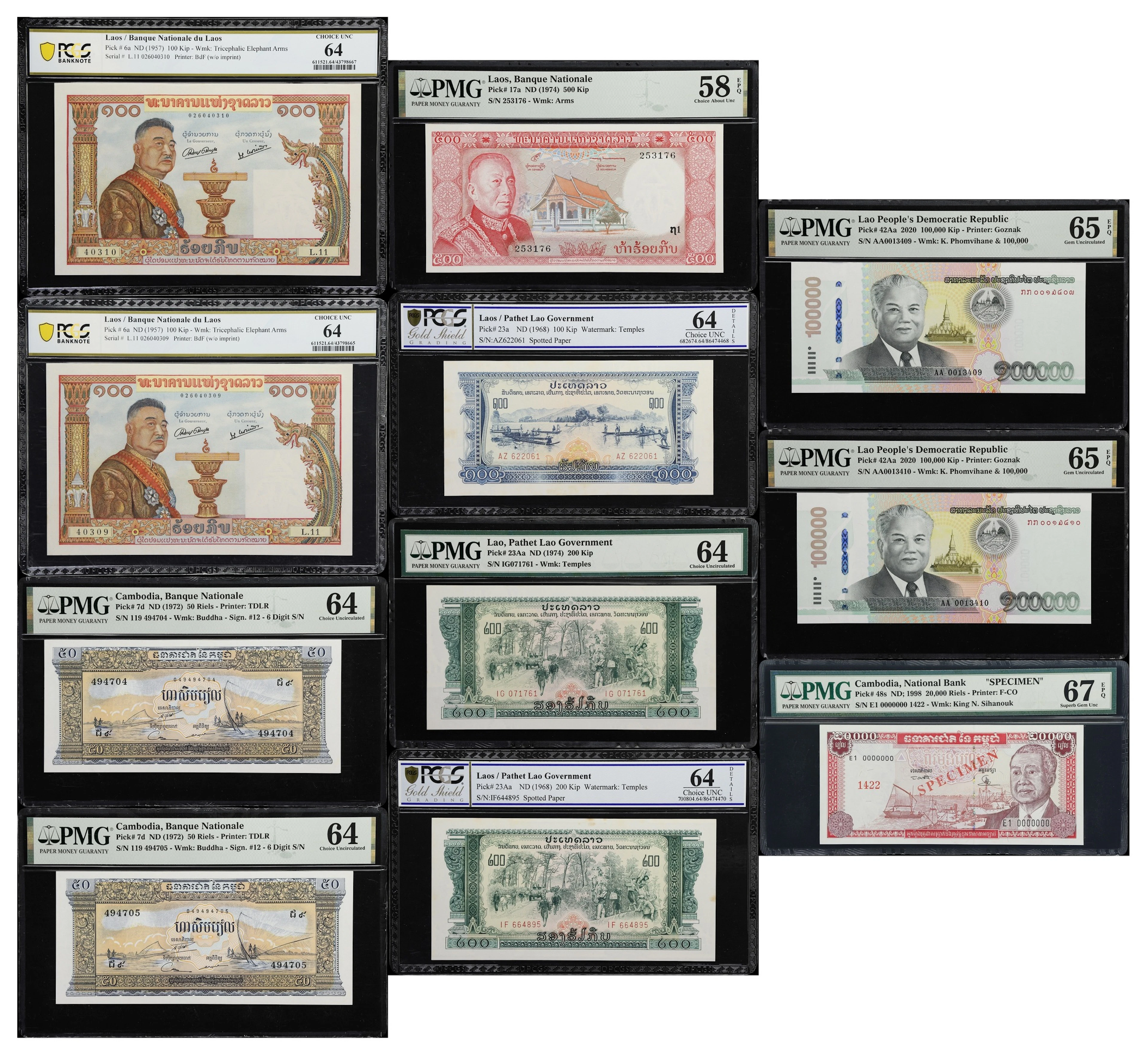 MIXED LOTS. Lot of (11). Cambodia & Laos. Mixed Banks. 50, 20,000