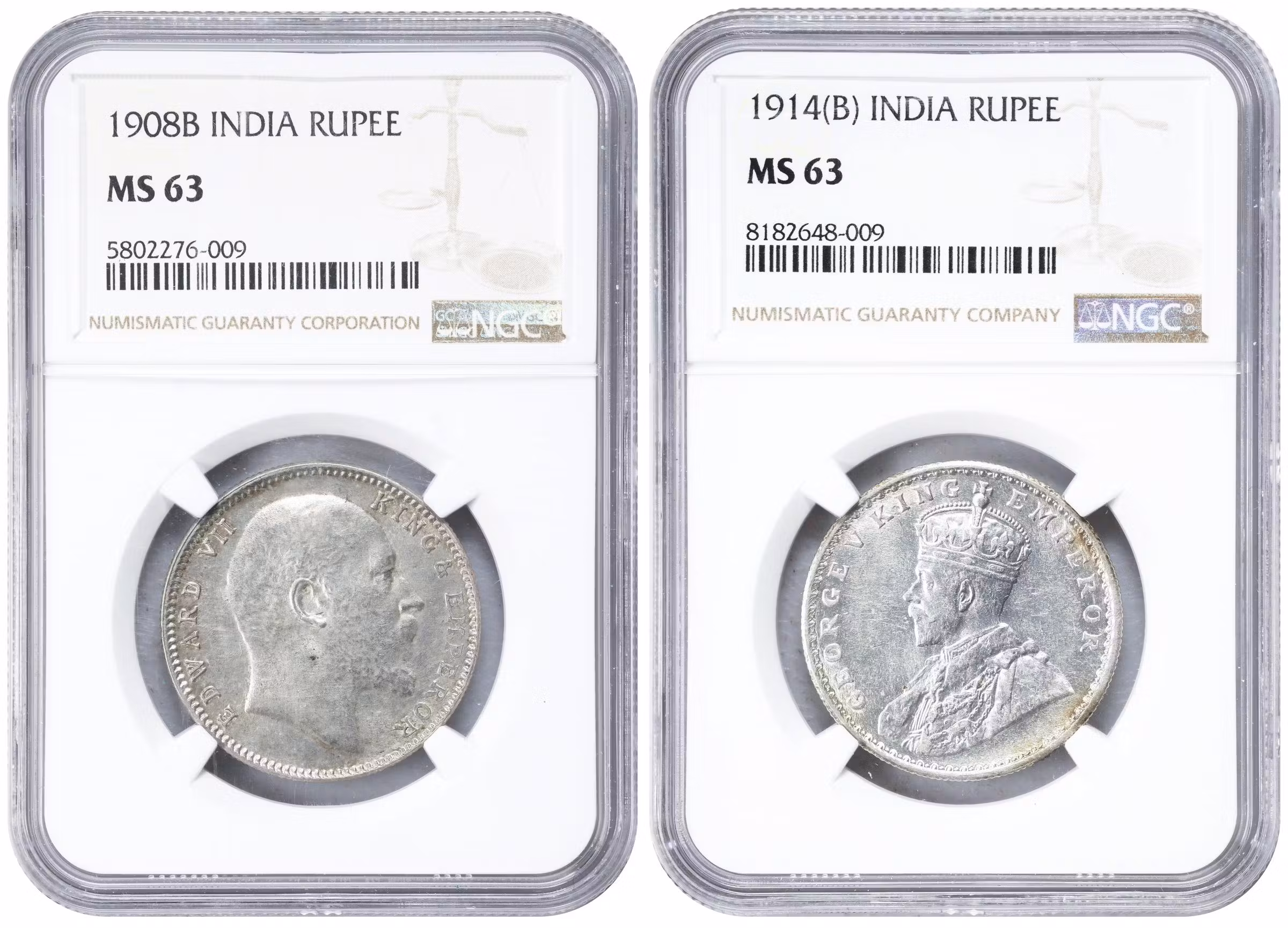 INDIA. Duo of Rupees (2 Pieces), 1908 & 1914. Bombay Mint. Edward