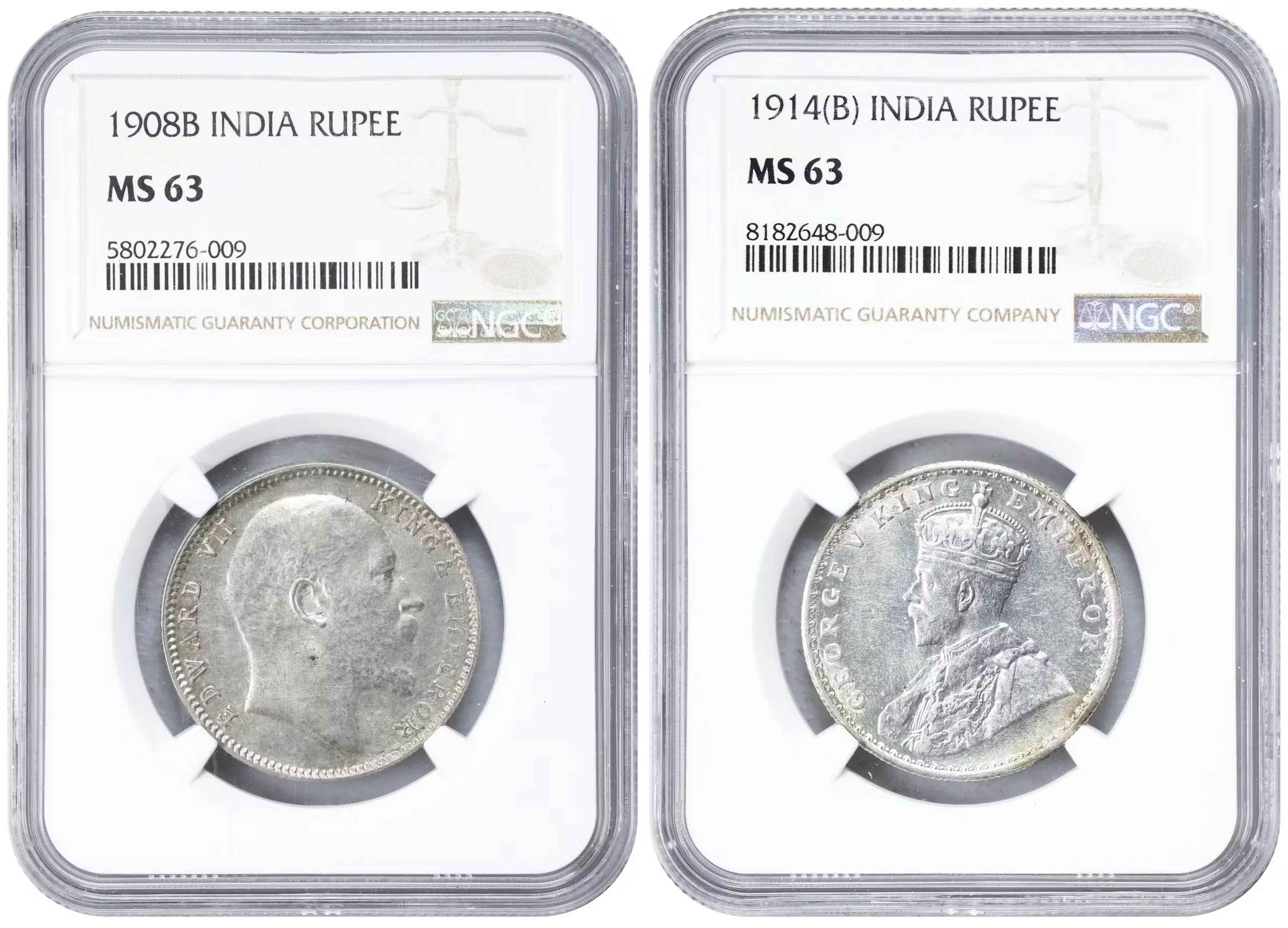 INDIA. Duo of Rupees (2 Pieces), 1908 & 1914. Bombay Mint. Edward