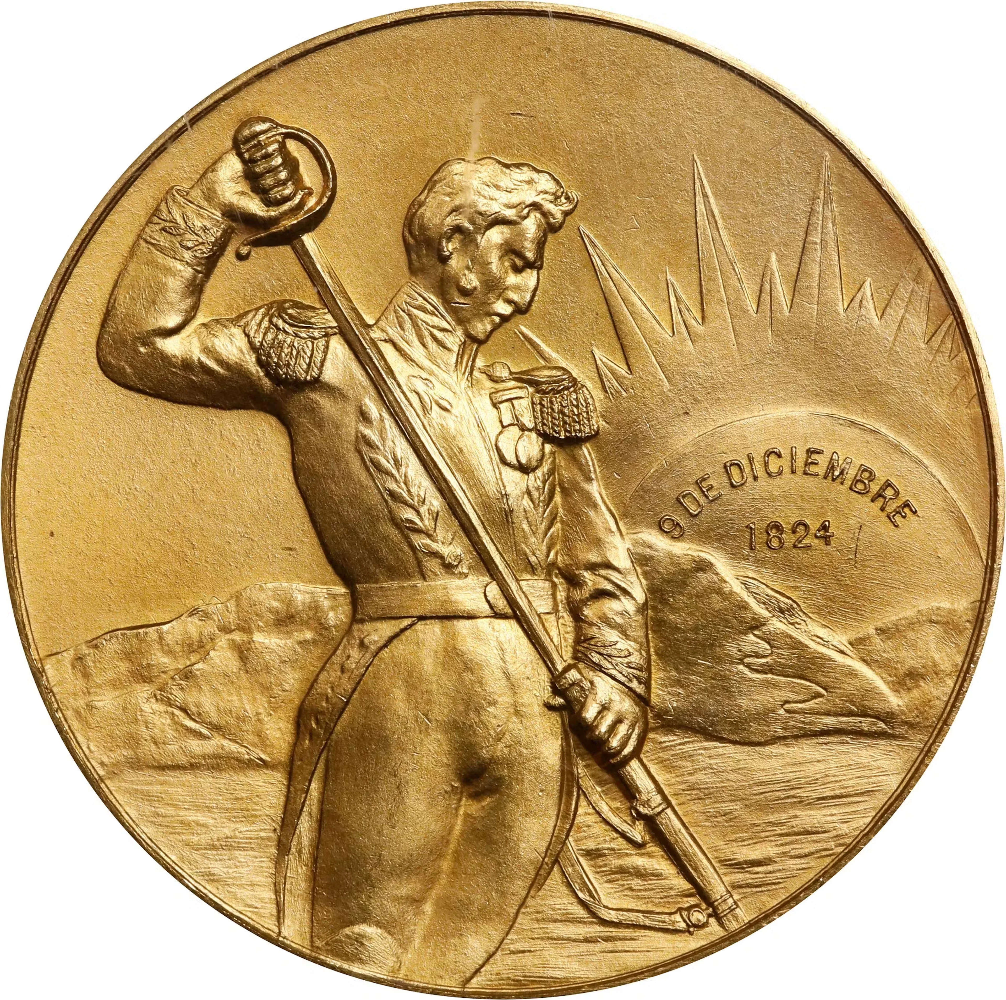 PERU. Centennial of the Battle of Ayacucho Gold Medal, 1924. NGC MS-63.