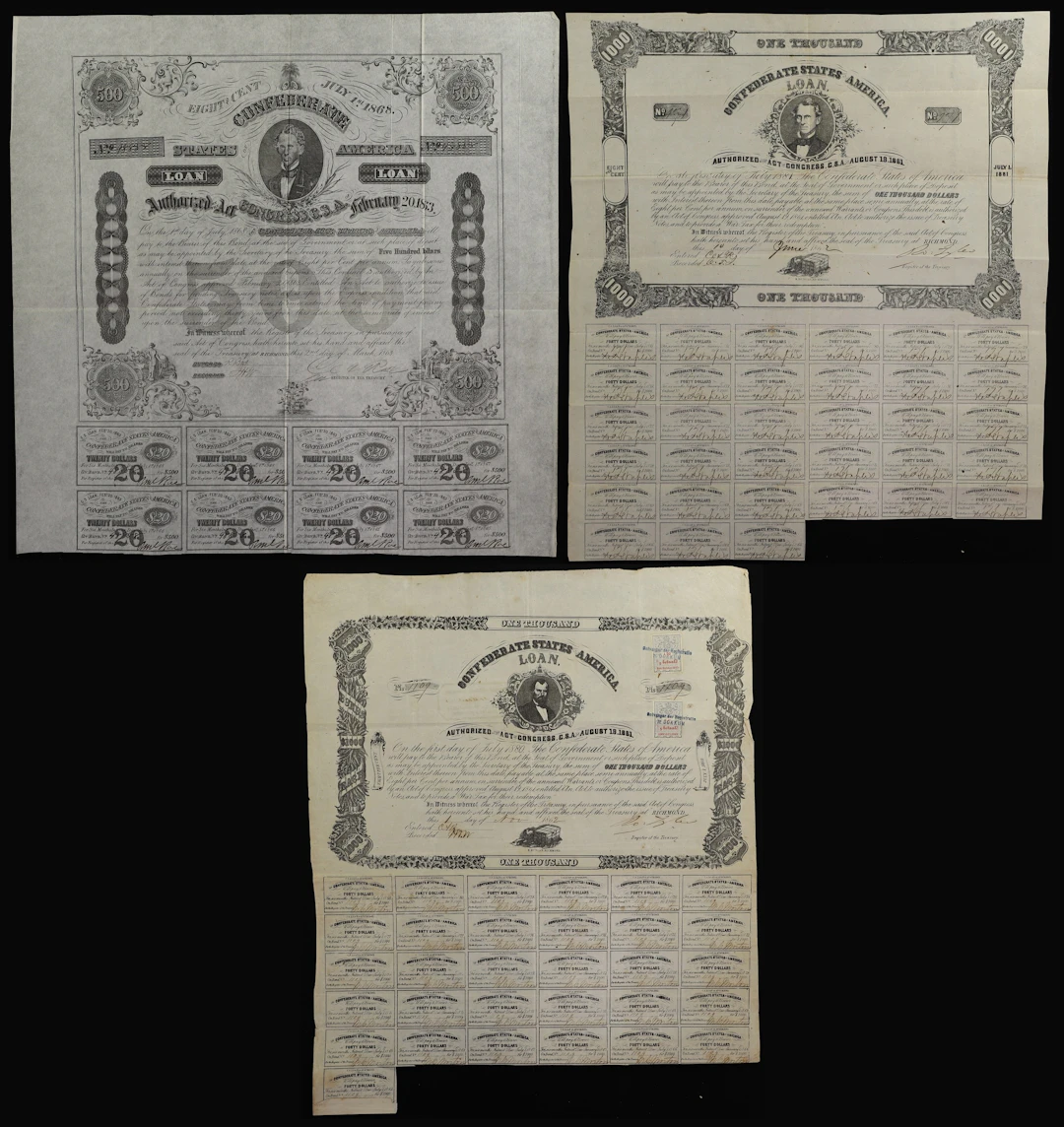 Lot of (3) Confederate Bonds. 1862-63 $500 & $1000. Very Fine.