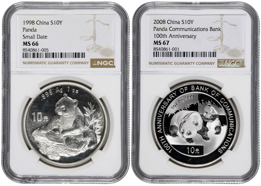 (t) CHINA. Duo of Silver 10 Yuan (2 Pieces), 1998 & 2008. Panda Series.
