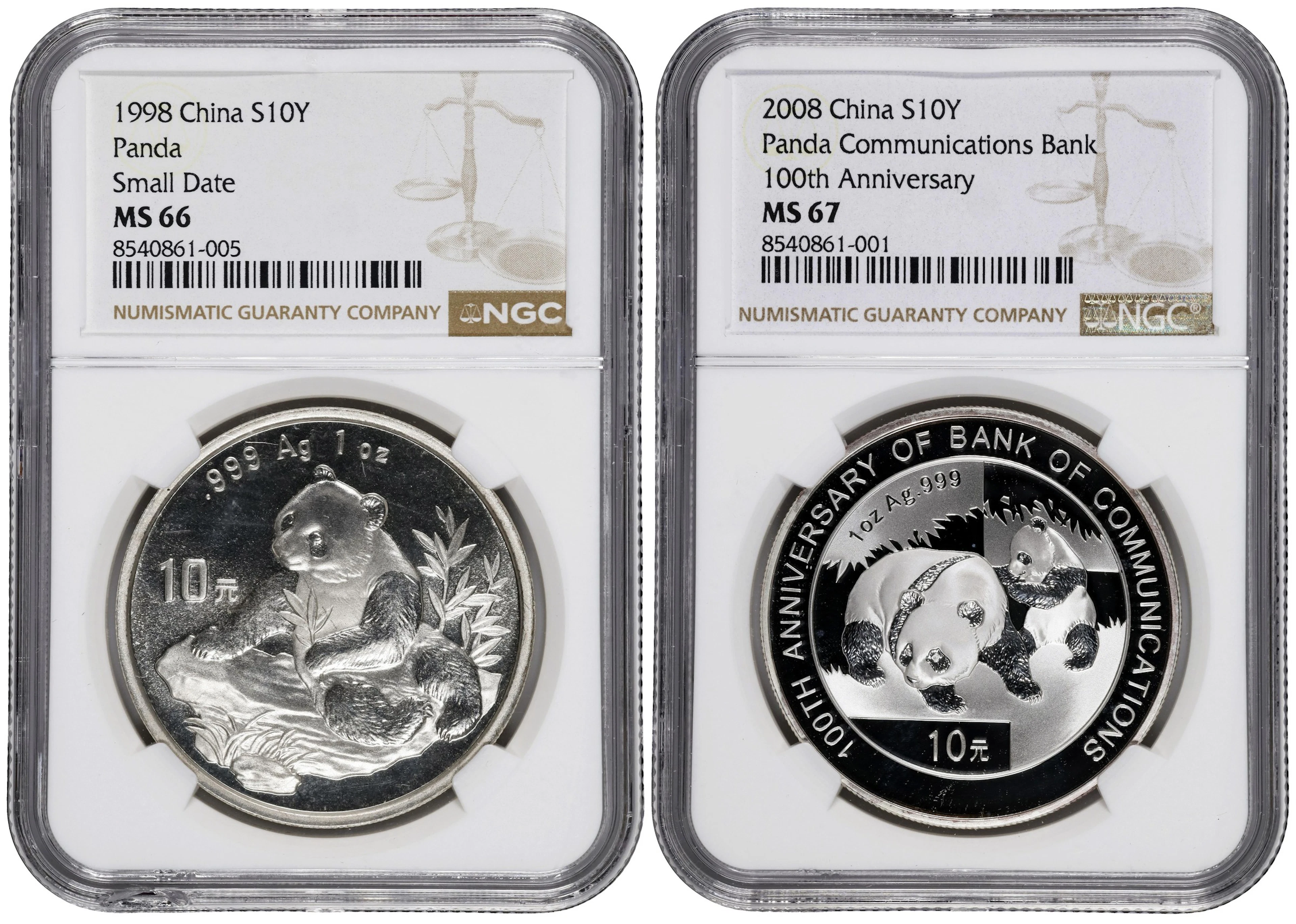 (t) CHINA. Duo of Silver 10 Yuan (2 Pieces), 1998 & 2008. Panda Series.