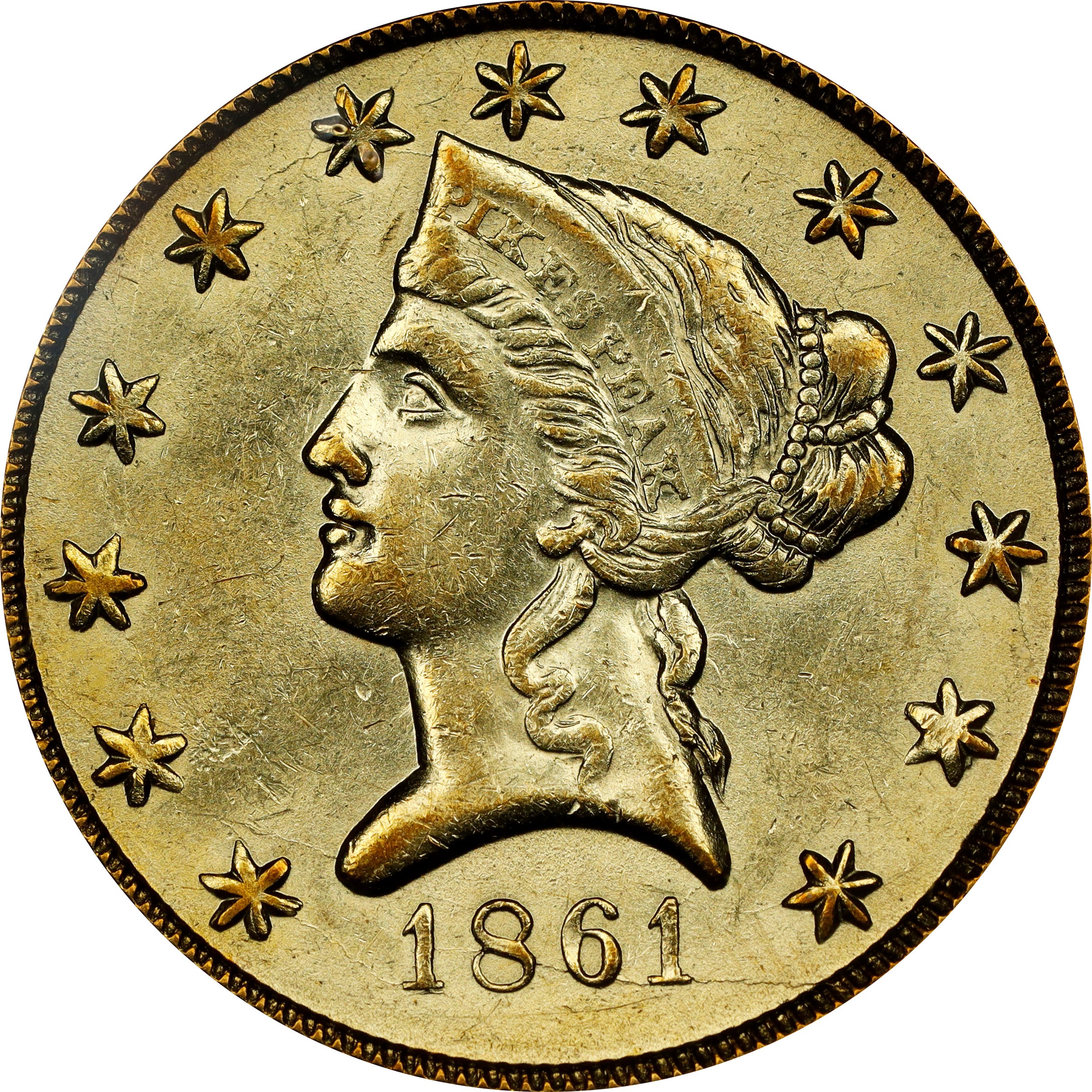 1861 Clark, Gruber & Co. $10. K-7. Rarity-4. AU-58 (PCGS).