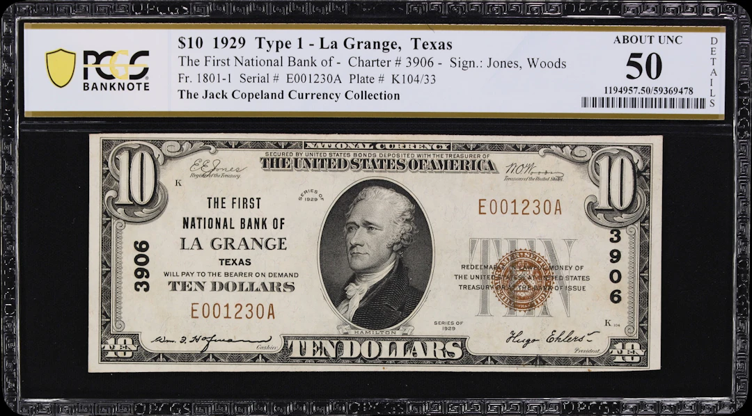 La Grange, Texas. $10 1929 Ty. 1. Fr. 1801-1. First NB. Charter #3906.