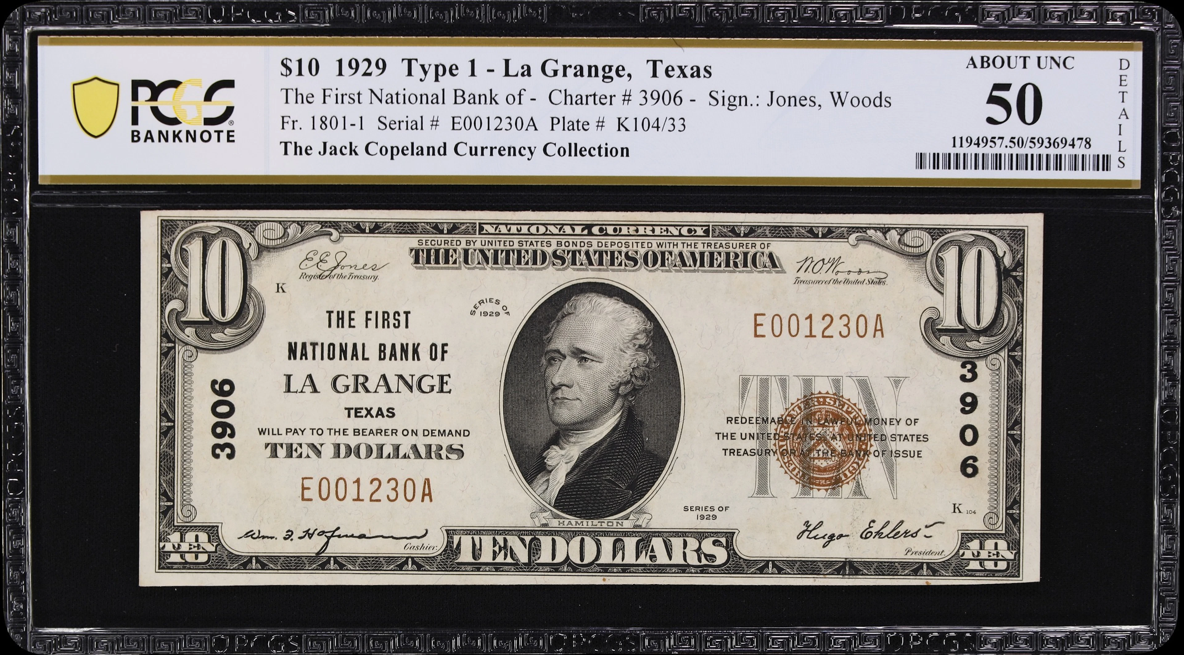 La Grange, Texas. $10 1929 Ty. 1. Fr. 1801-1. First NB. Charter #3906.
