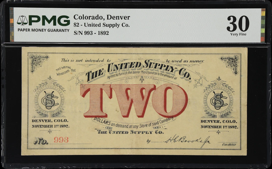 Denver, Colorado. United Supply Company. 1892 $2. PMG Very Fine 30.