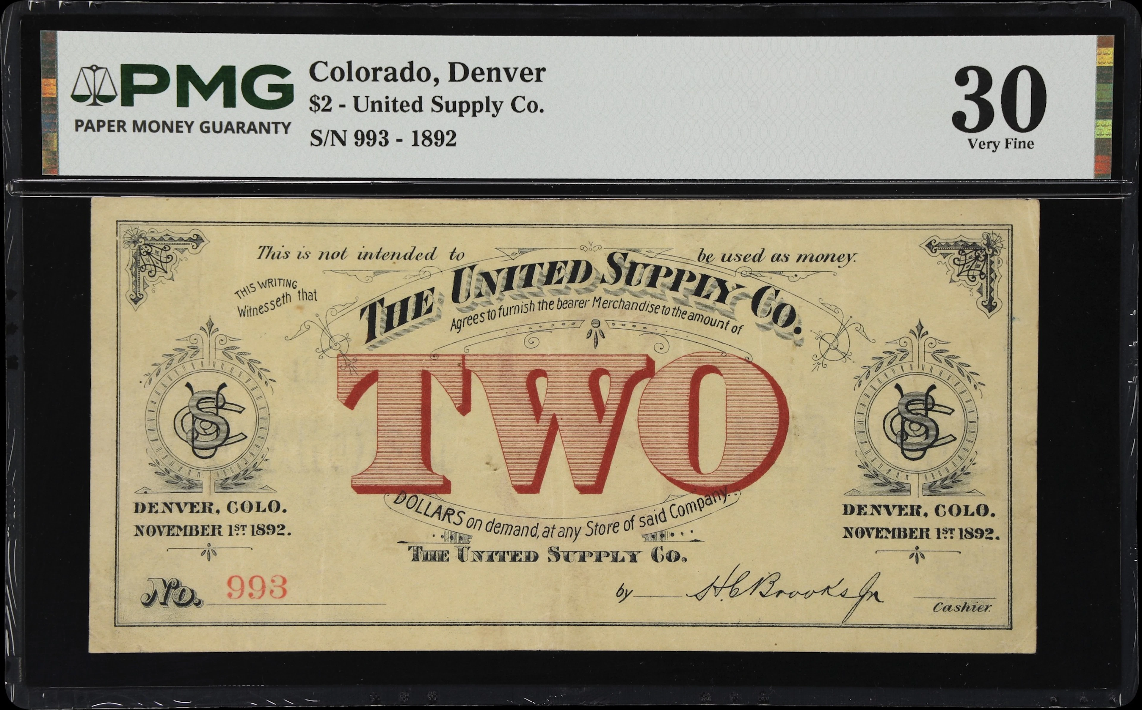 Denver, Colorado. United Supply Company. 1892 $2. PMG Very Fine 30.