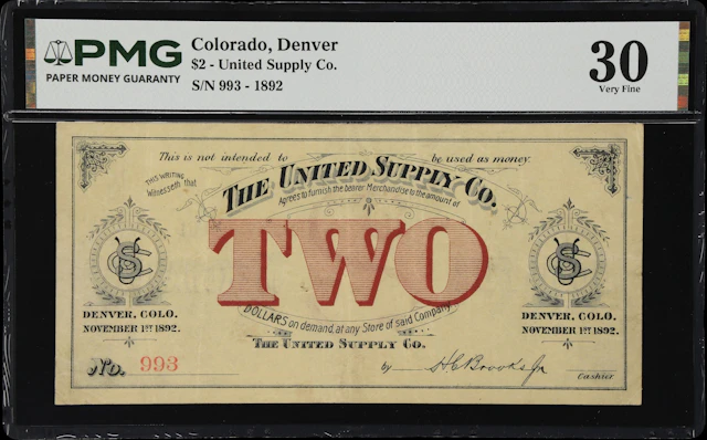 Denver, Colorado. United Supply Company. 1892 $2. PMG Very Fine 30.