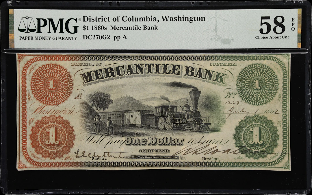 Washington, District of Columbia. Mercantile Bank. 1862 $1. PMG Choice